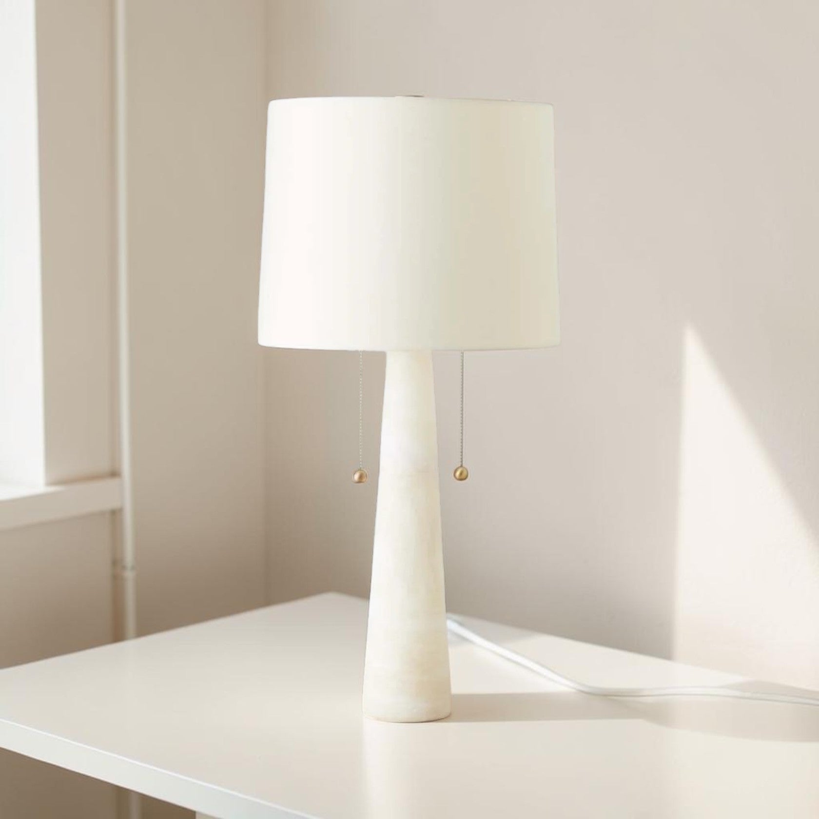 Marble Table Lamp with Dual Pull Chains and Fabric Shade