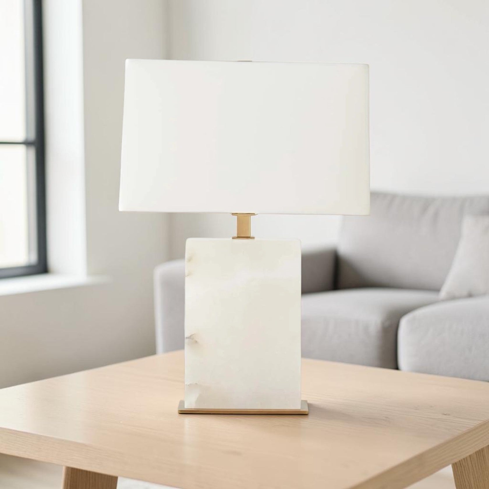 Alabaster Stone Table Lamp with Rectangular Base and Fabric Shade