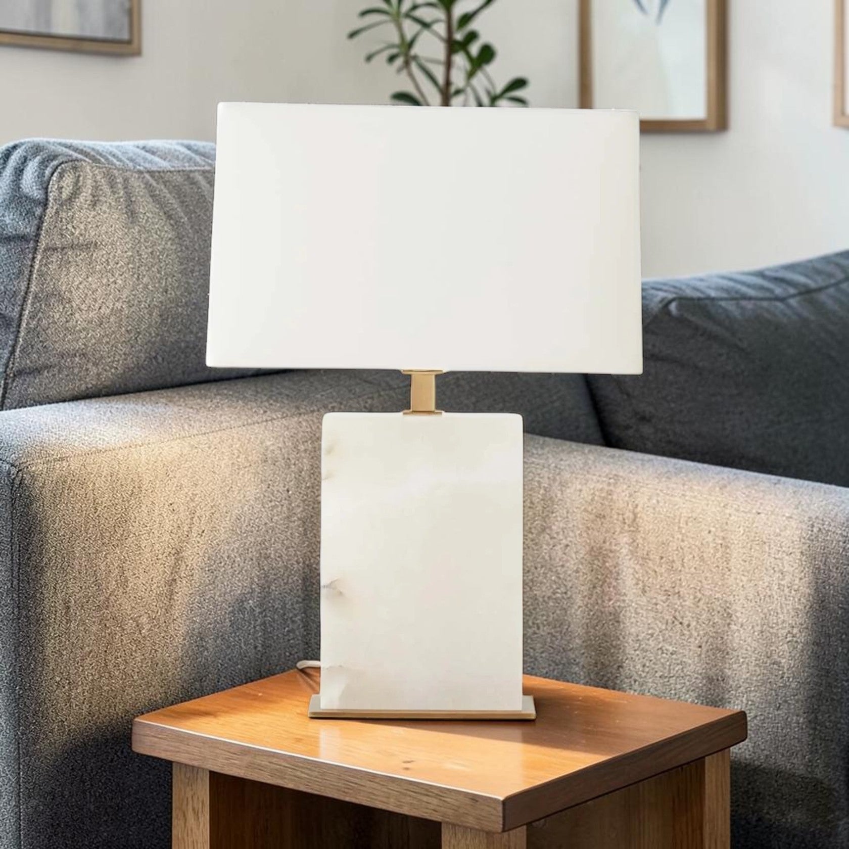 Alabaster Stone Table Lamp with Rectangular Base and Fabric Shade