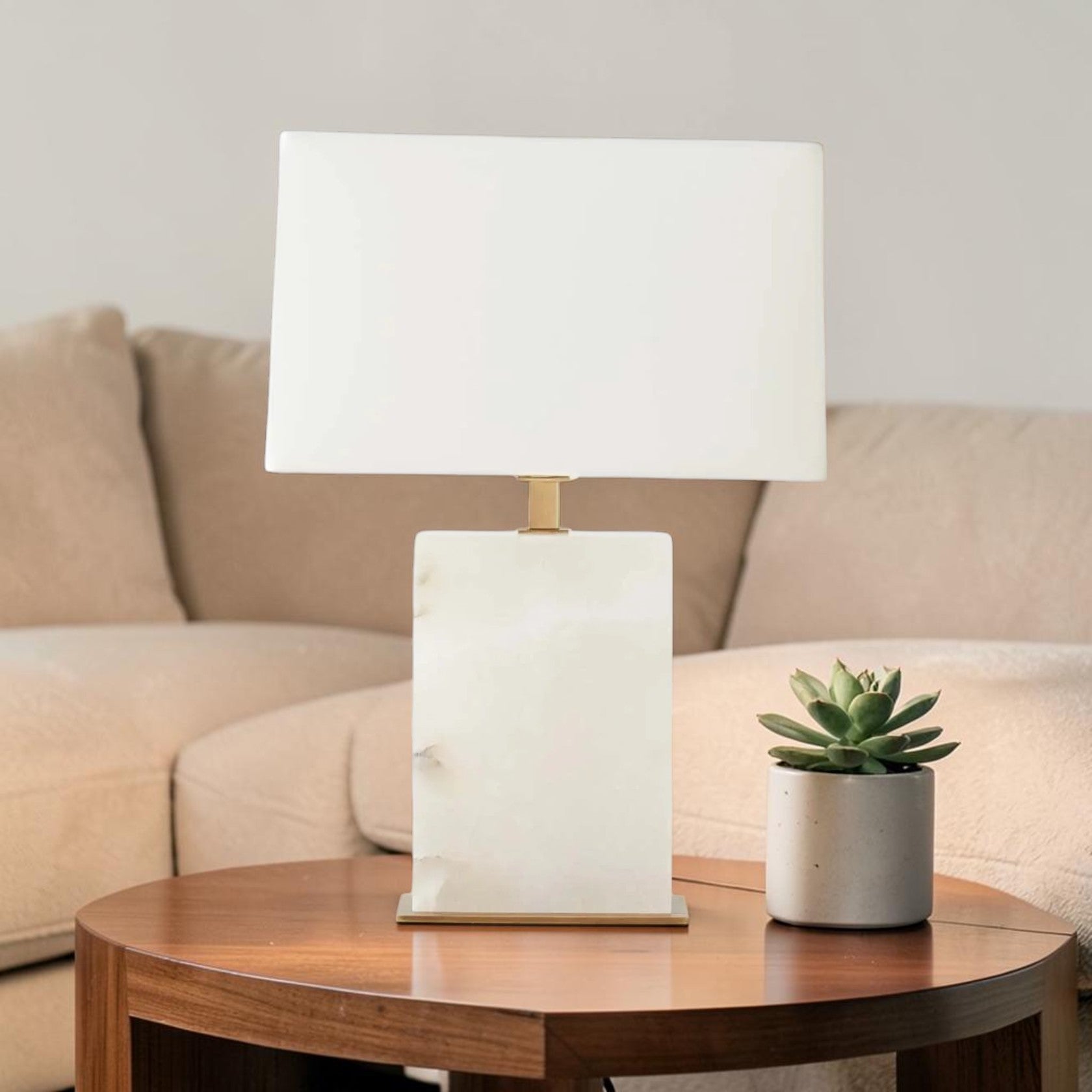 Alabaster Stone Table Lamp with Rectangular Base and Fabric Shade