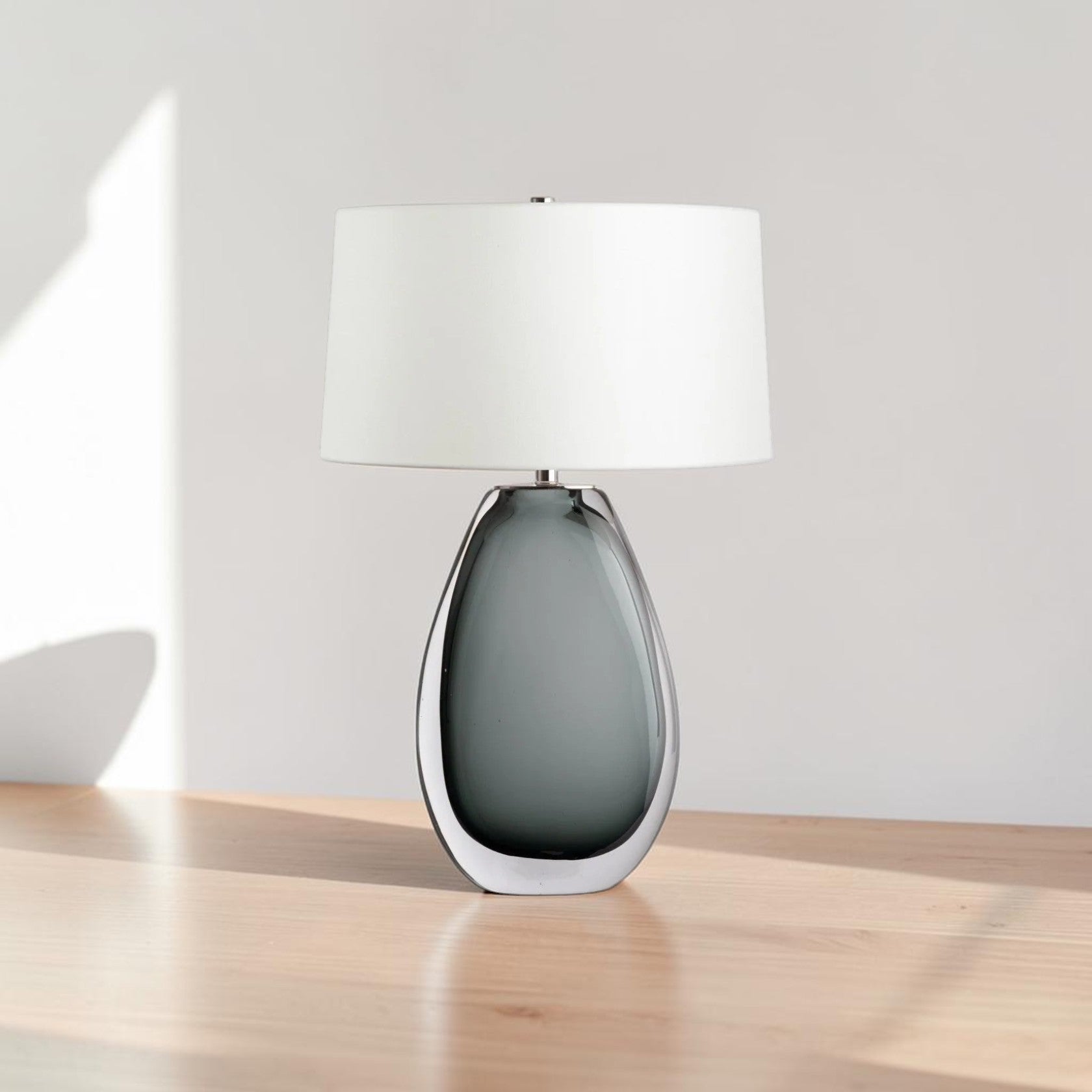 Tall Smoked Glass Table Lamp with Linen Shade