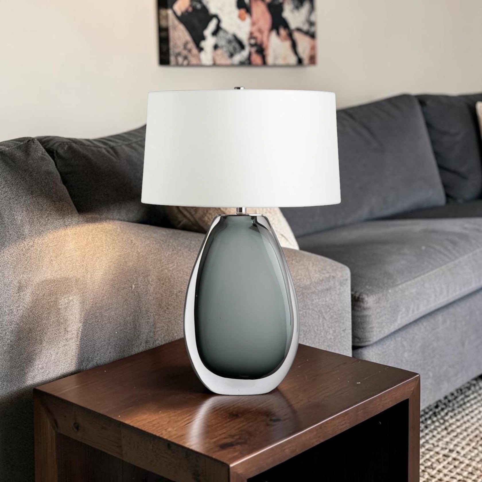 Tall Smoked Glass Table Lamp with Linen Shade