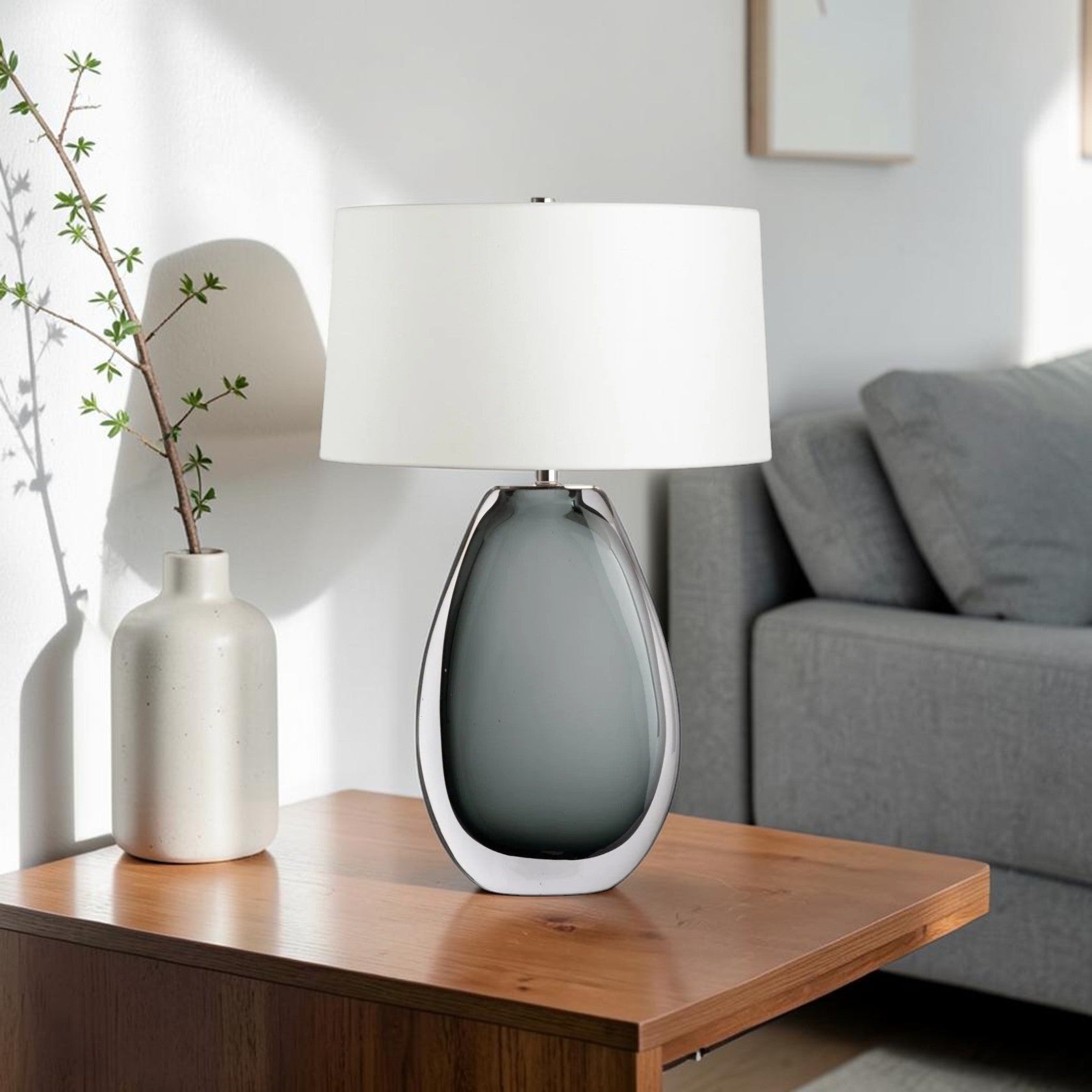 Tall Smoked Glass Table Lamp with Linen Shade