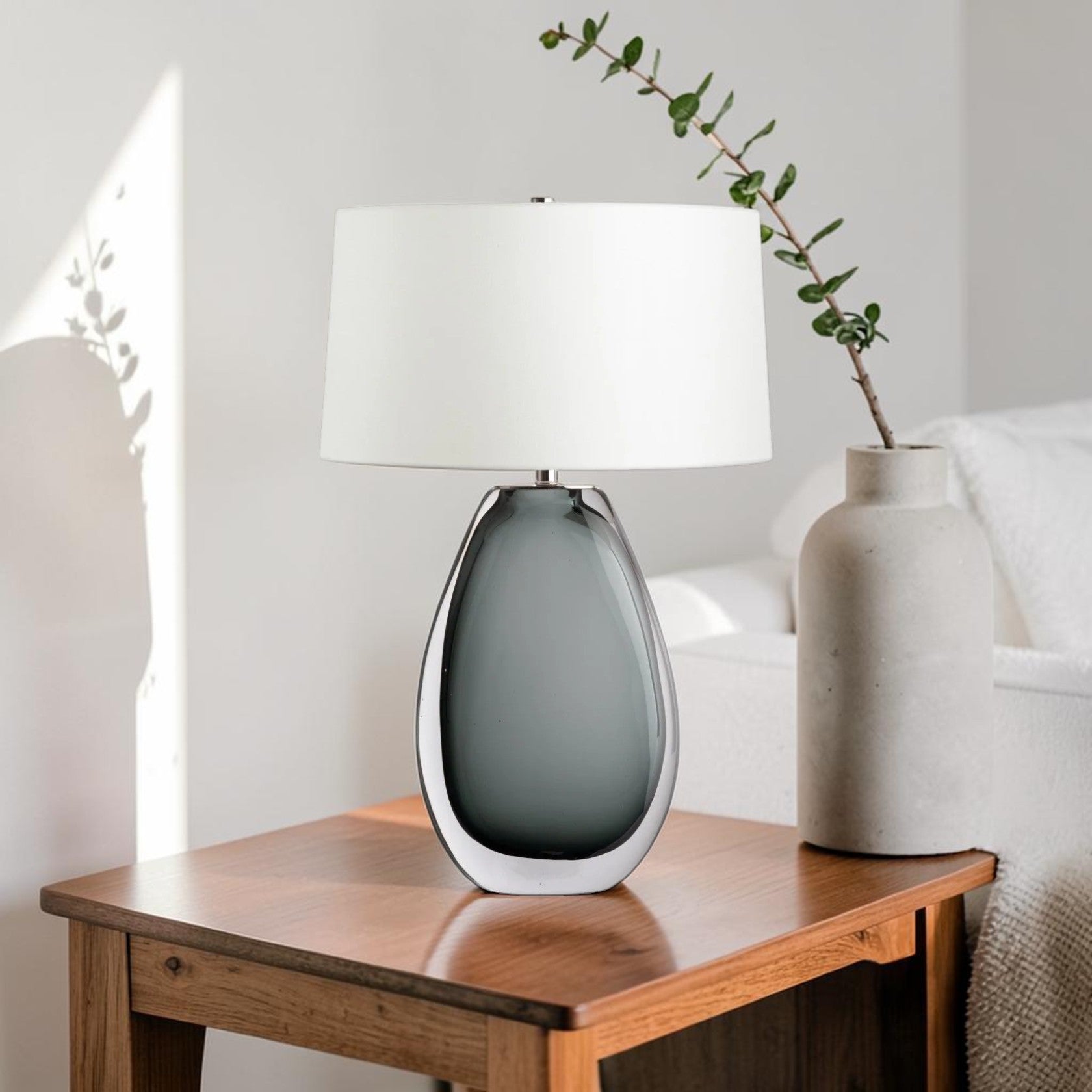 Tall Smoked Glass Table Lamp with Linen Shade