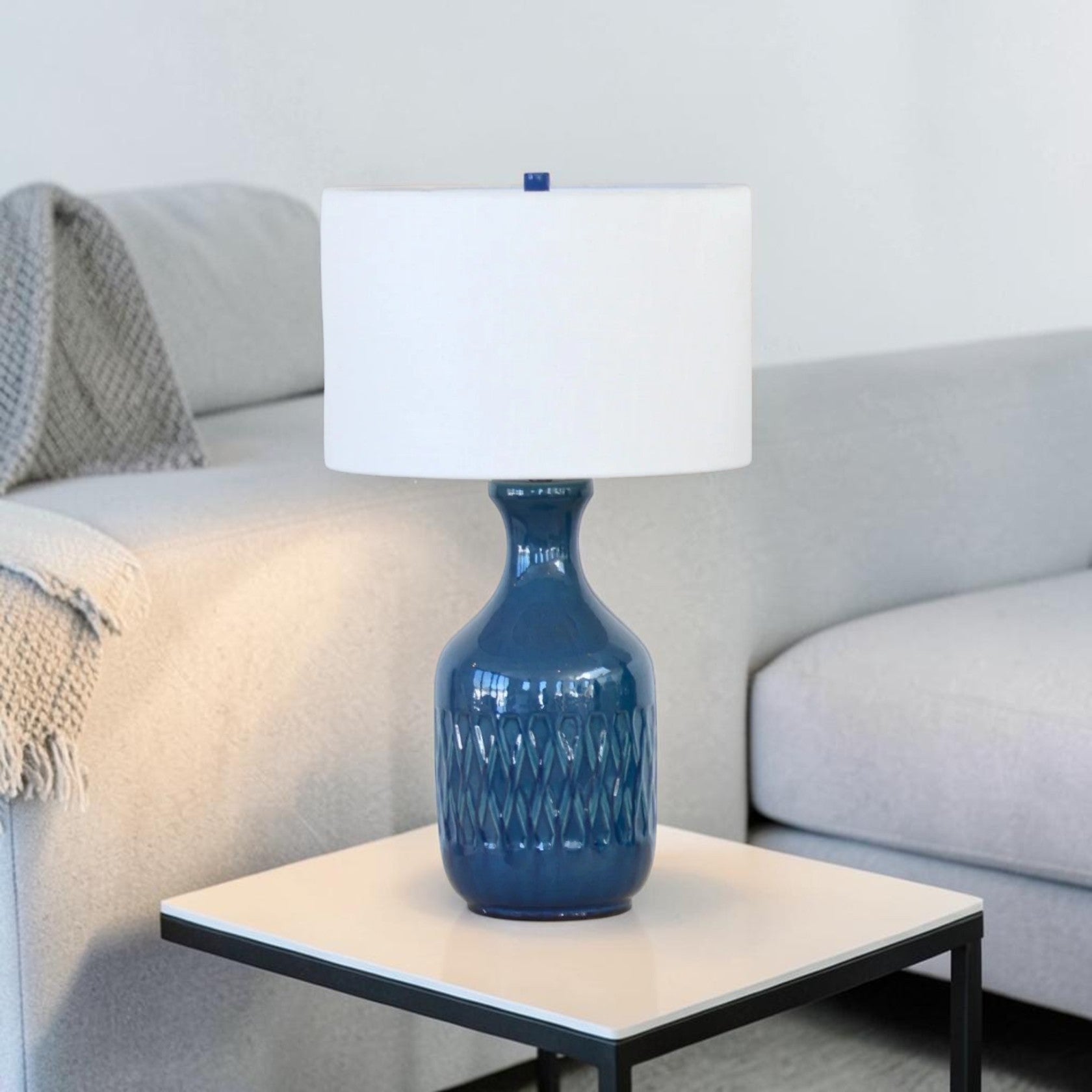 Blue Ceramic Table Lamp with White Fabric Shade