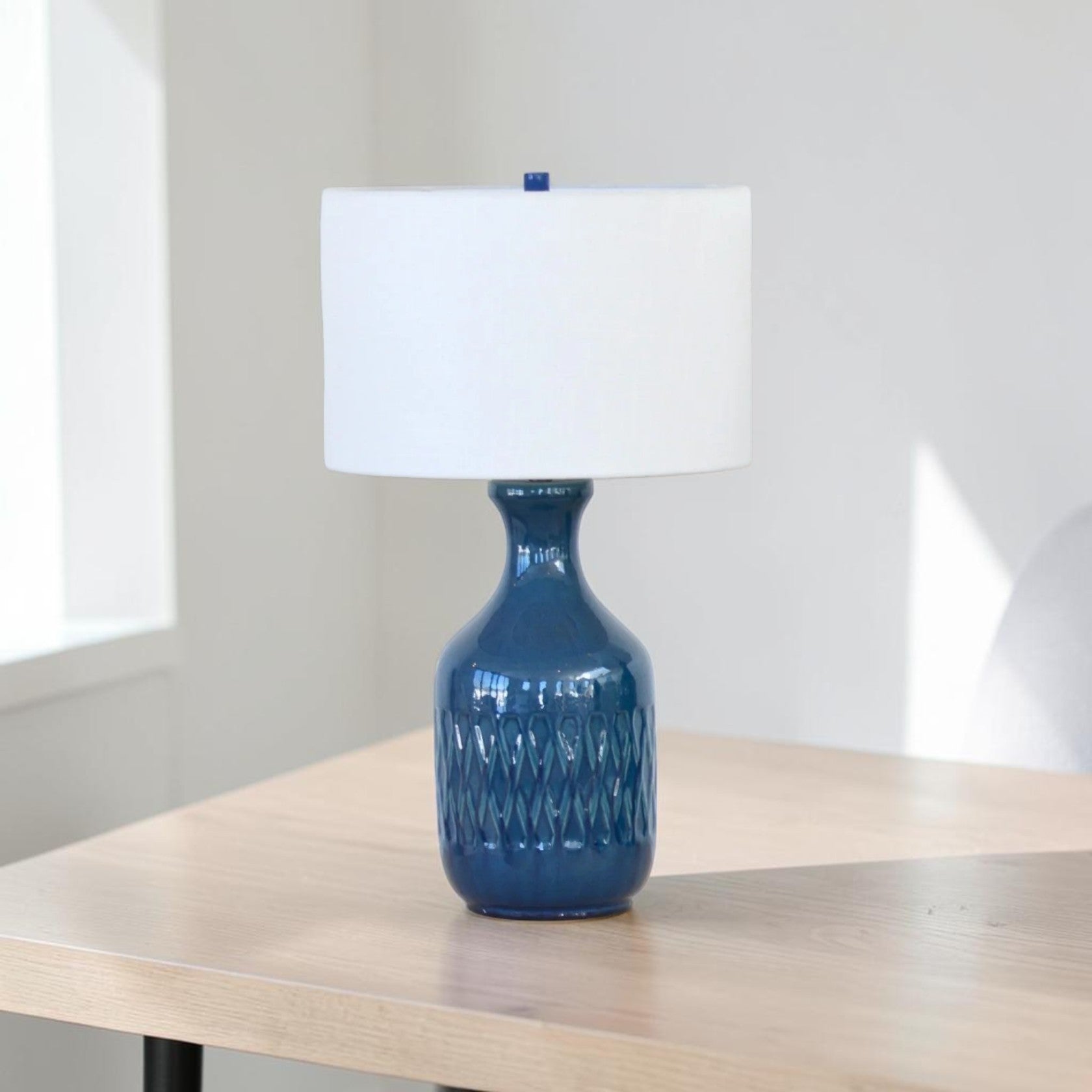 Blue Ceramic Table Lamp with White Fabric Shade