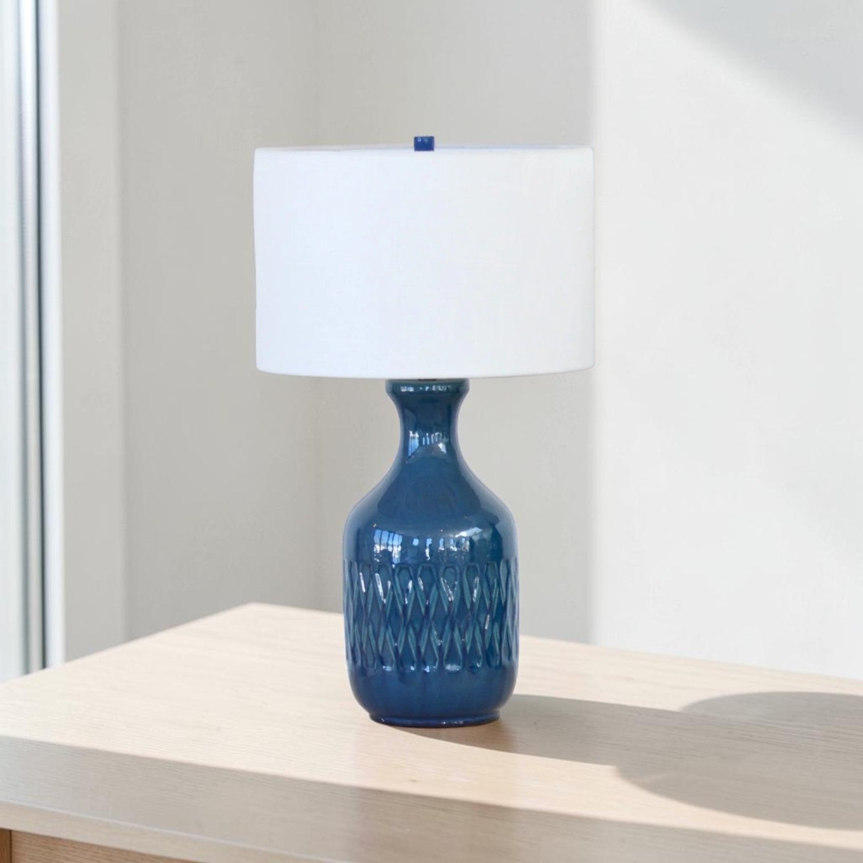 Blue Ceramic Table Lamp with White Fabric Shade