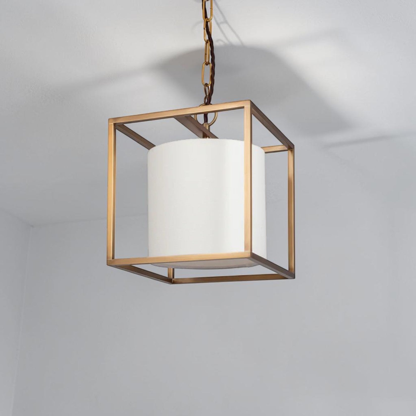 Small Brass Cube Pendant Light with Fabric Shade