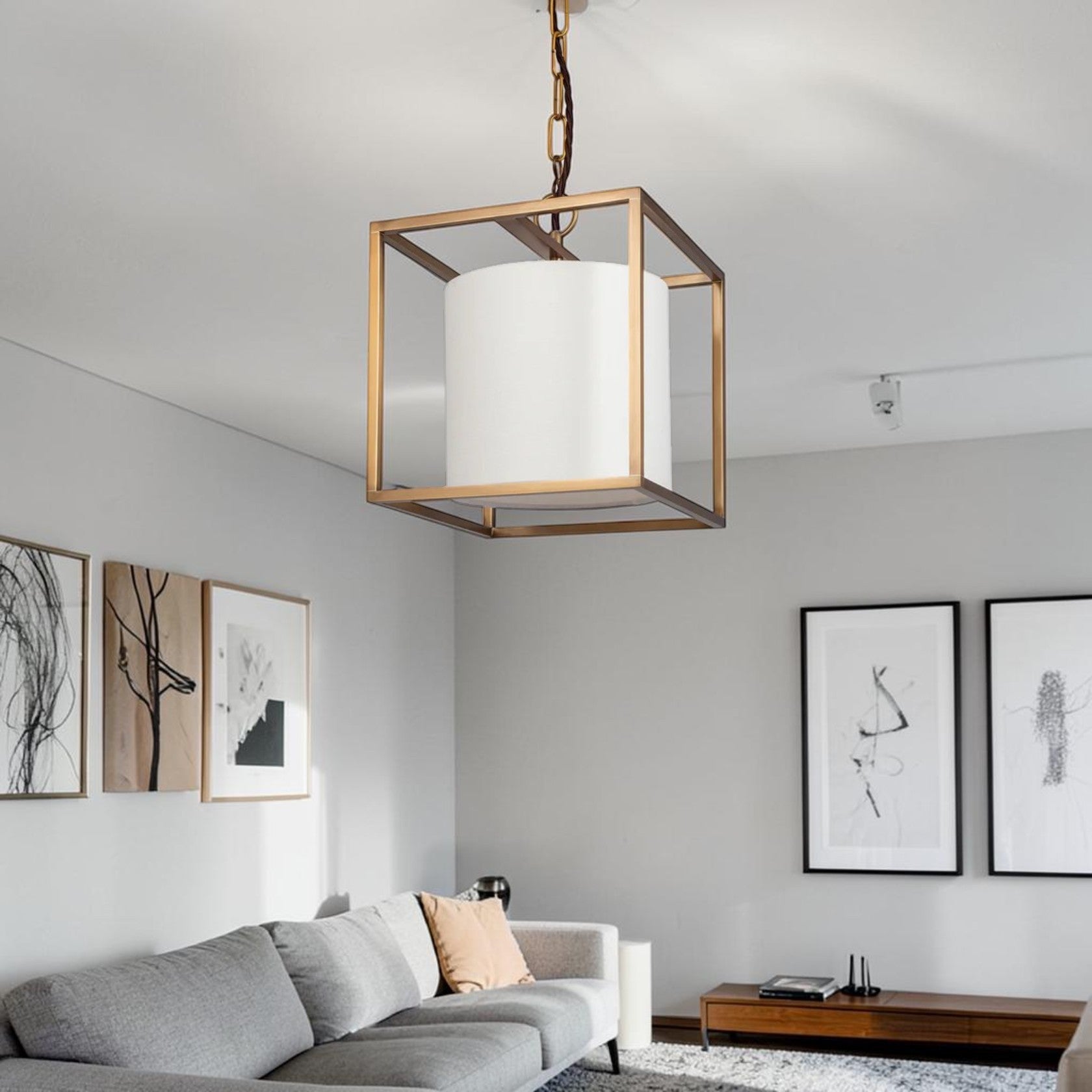 Small Brass Cube Pendant Light with Fabric Shade