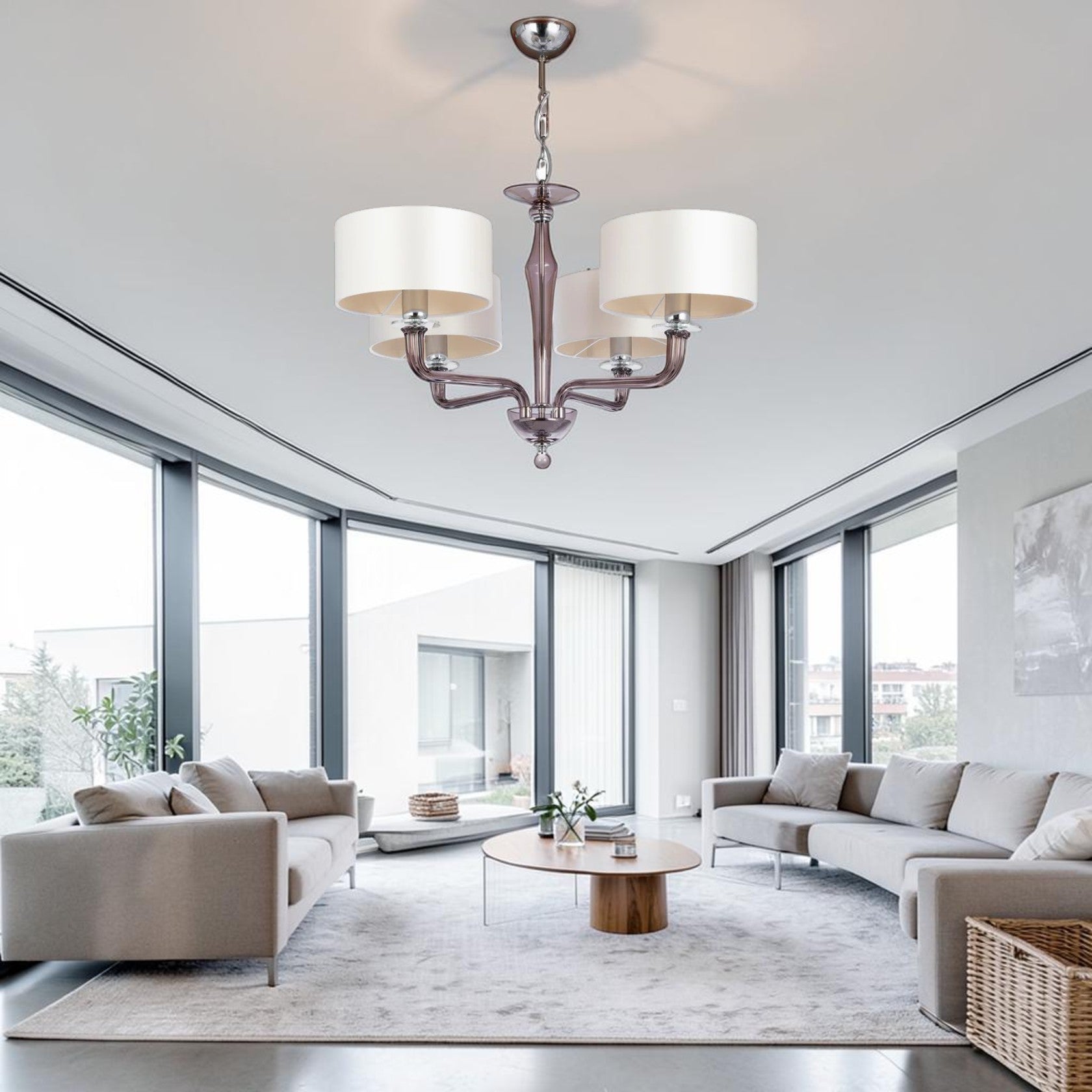 4 Light Glass Arm Chandelier with Fabric Shades