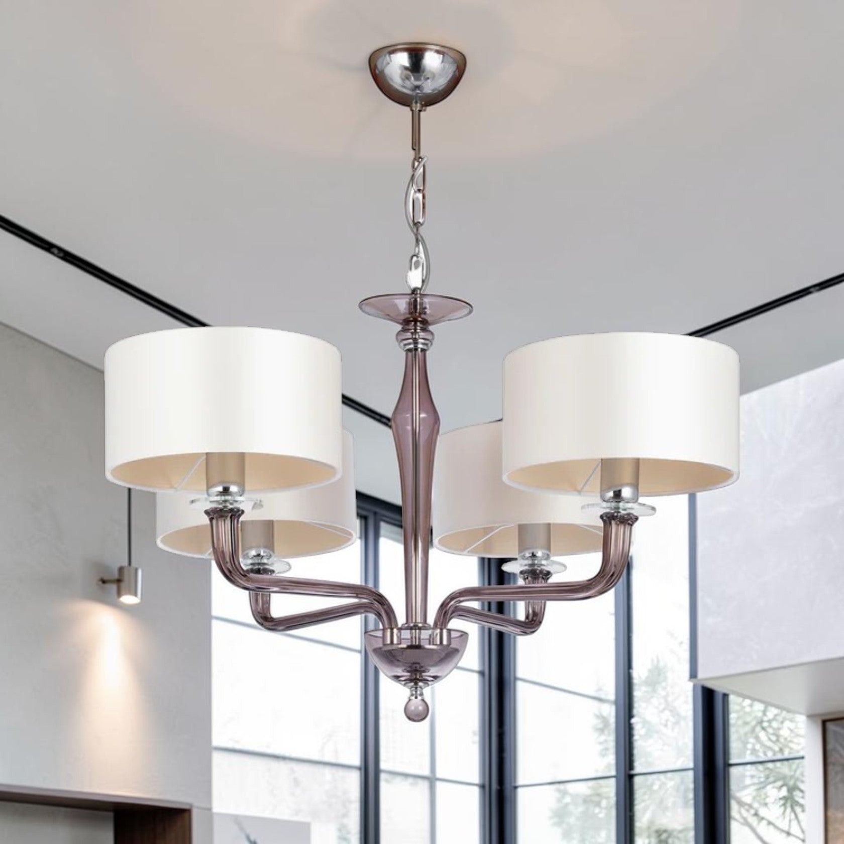 4 Light Glass Arm Chandelier with Fabric Shades