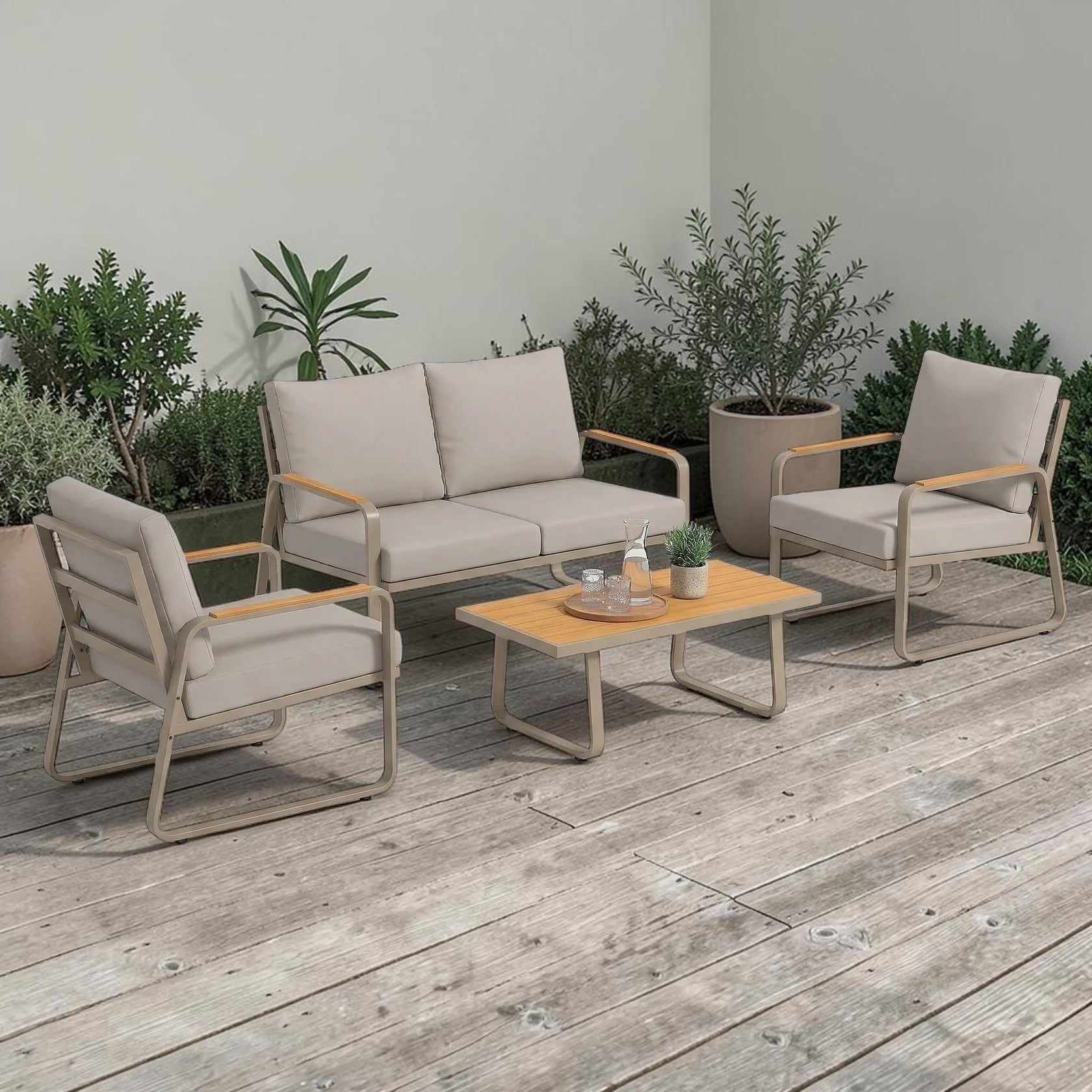 4 Piece Patio Conversation Set with Metal Frame, Cushions, Loveseat & Chairs