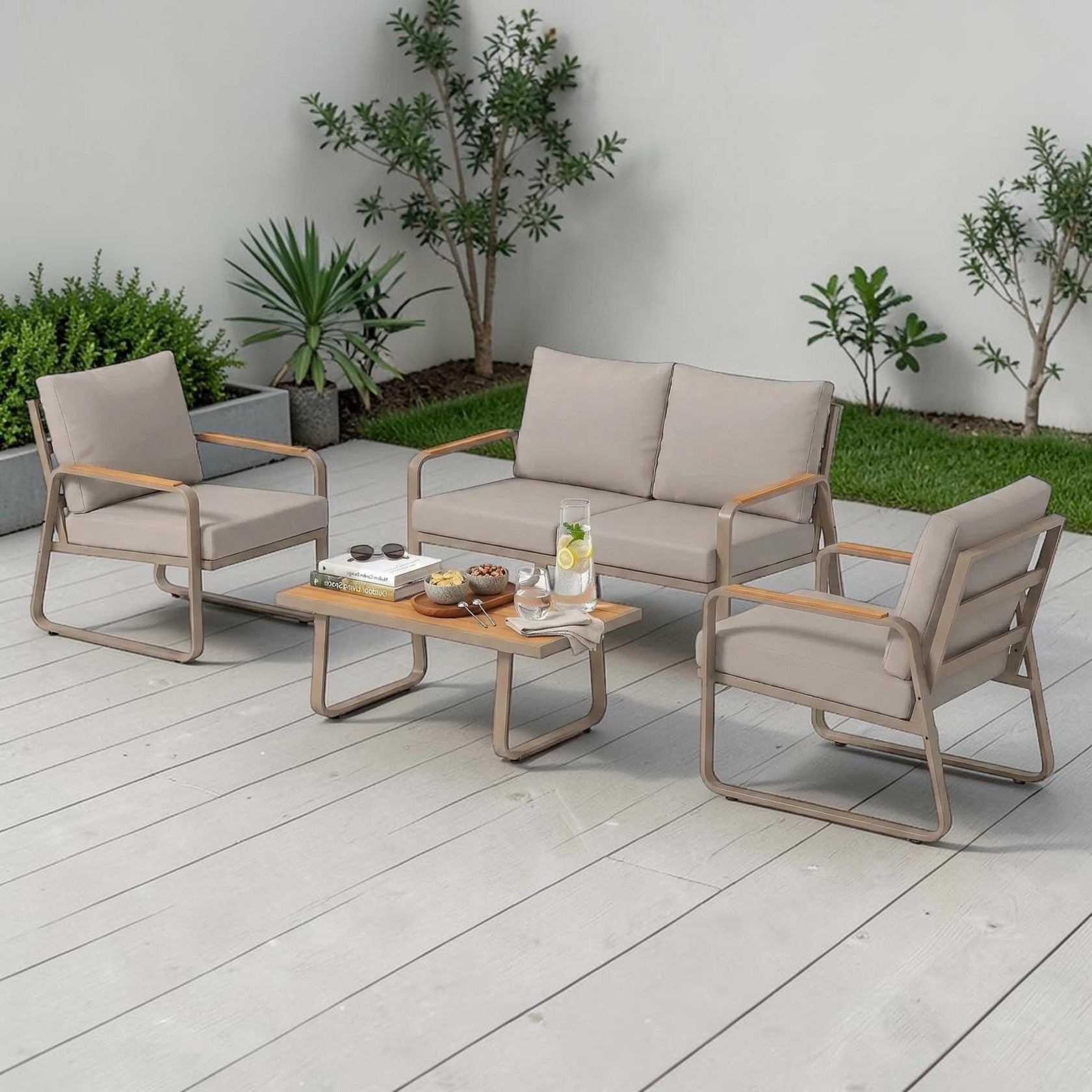 4 Piece Patio Conversation Set with Metal Frame, Cushions, Loveseat & Chairs