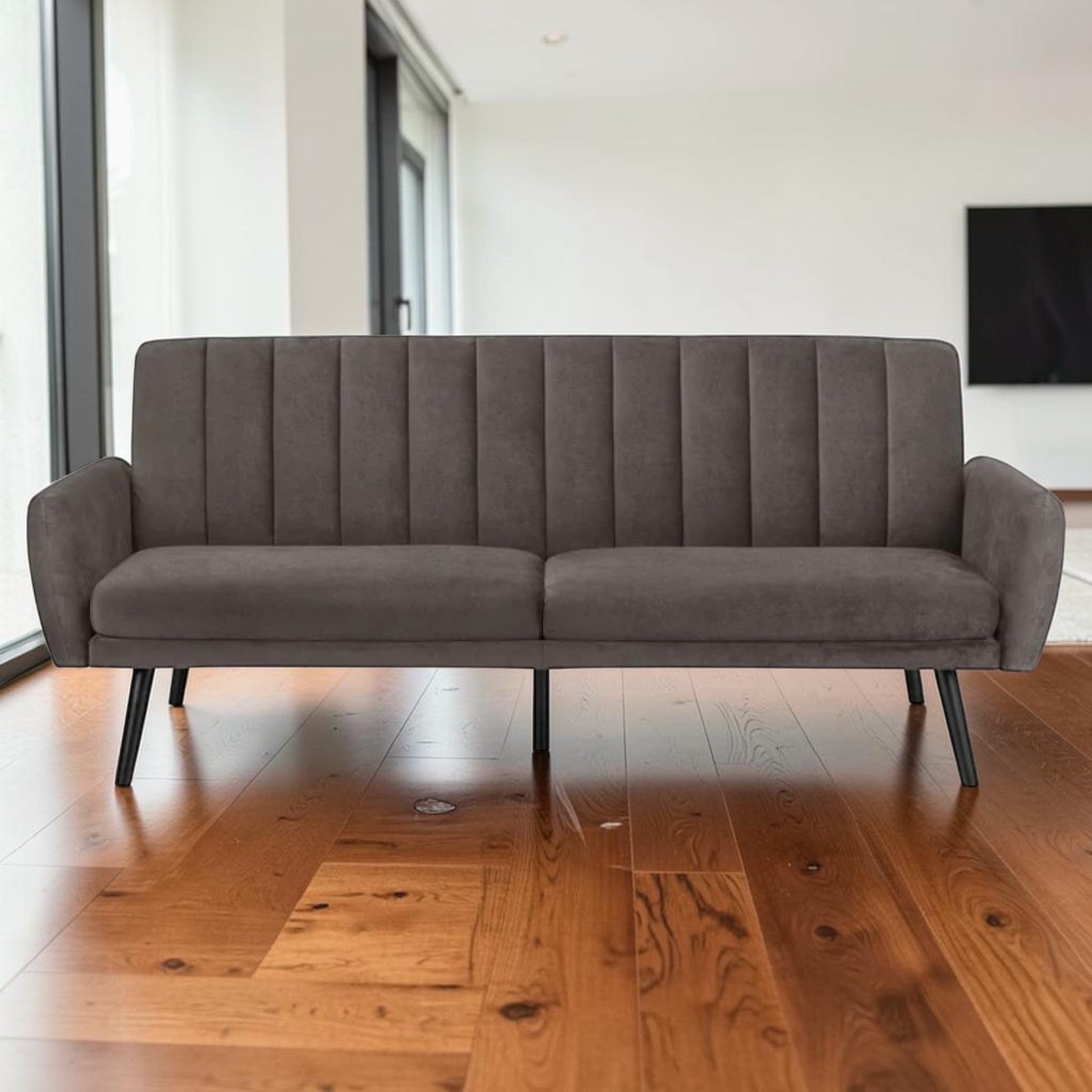Gray Velvet Sofa Bed with Channel Tufting and Sleeper Function