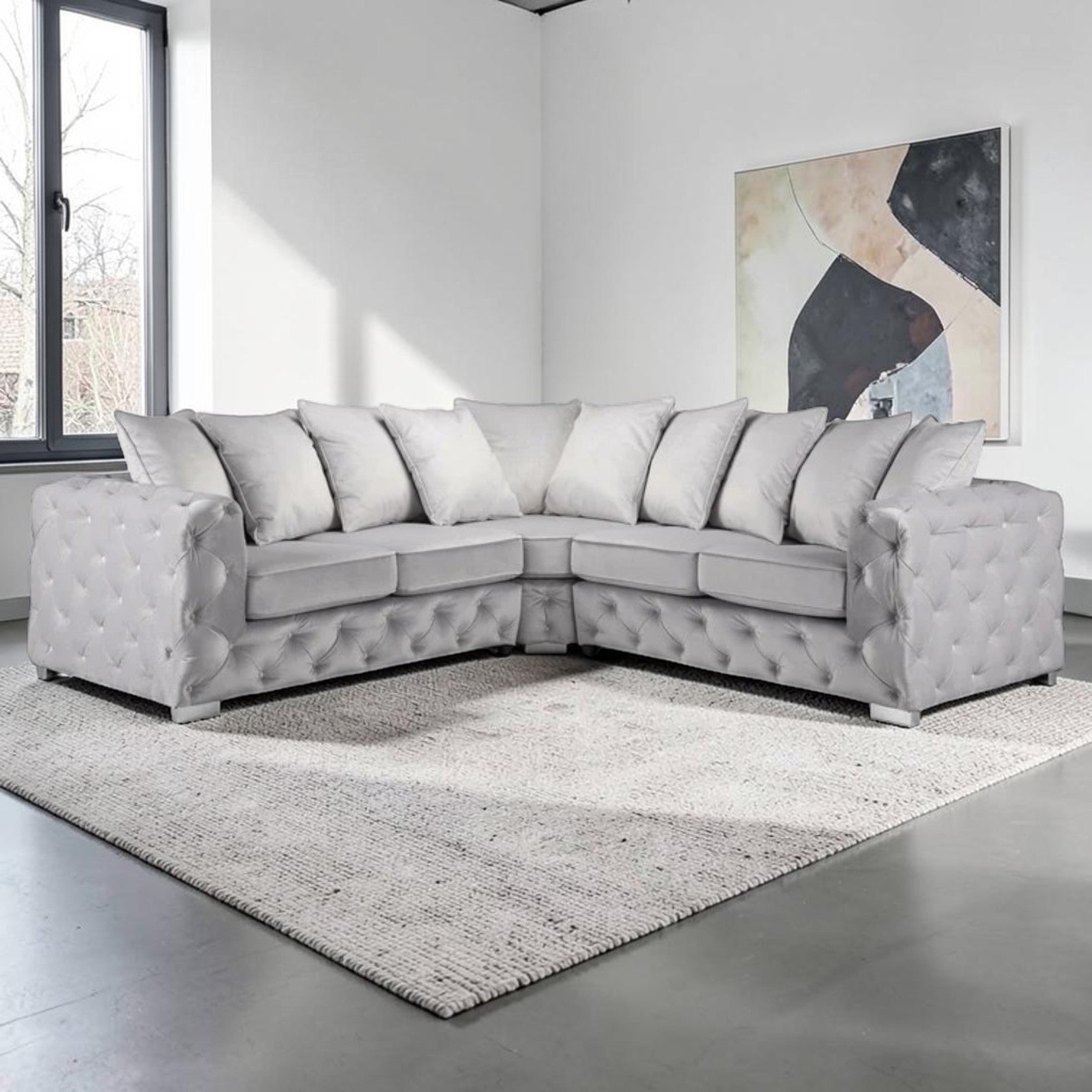Large Silver Corner Sectional Sofa with Button Tufted Design