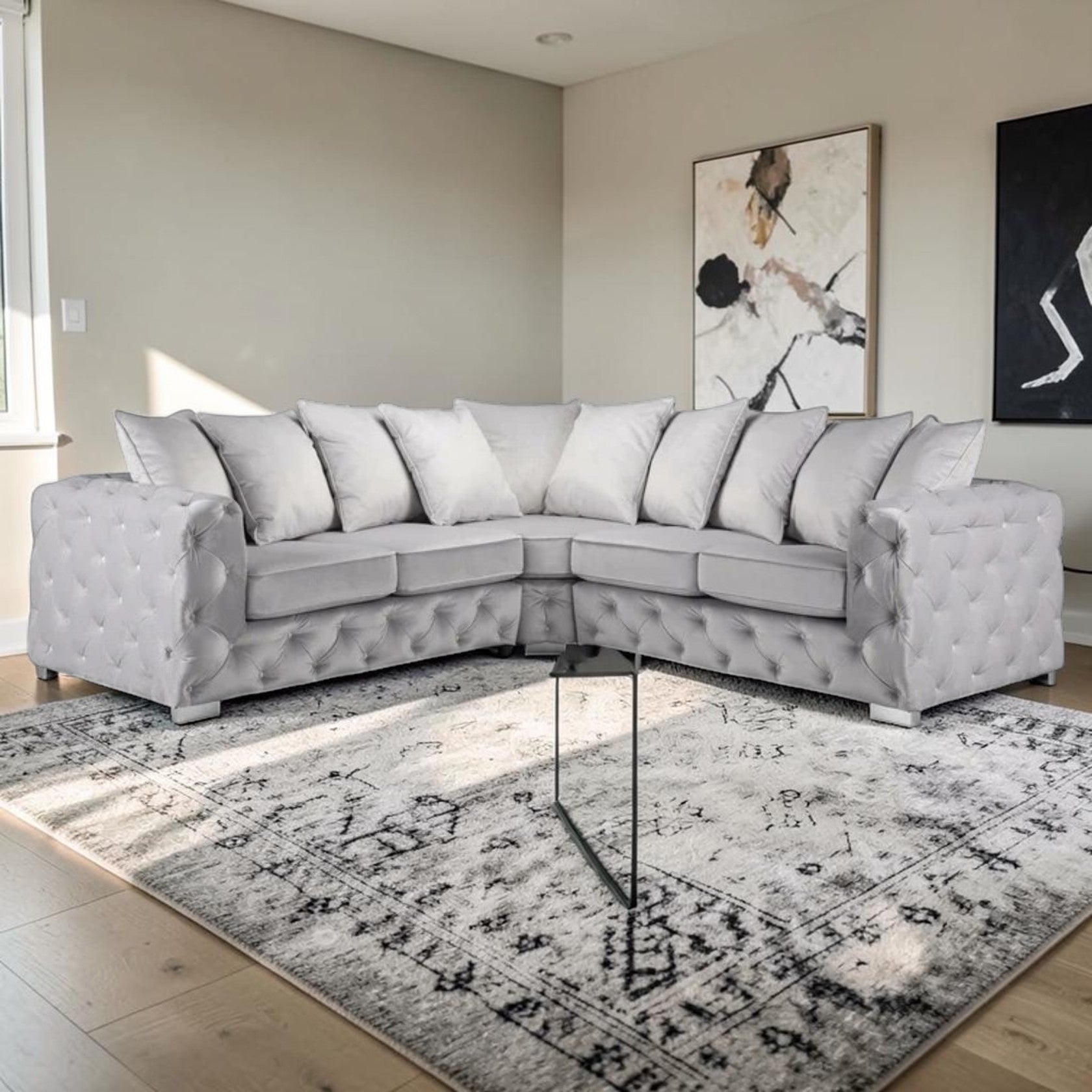 Large Silver Corner Sectional Sofa with Button Tufted Design
