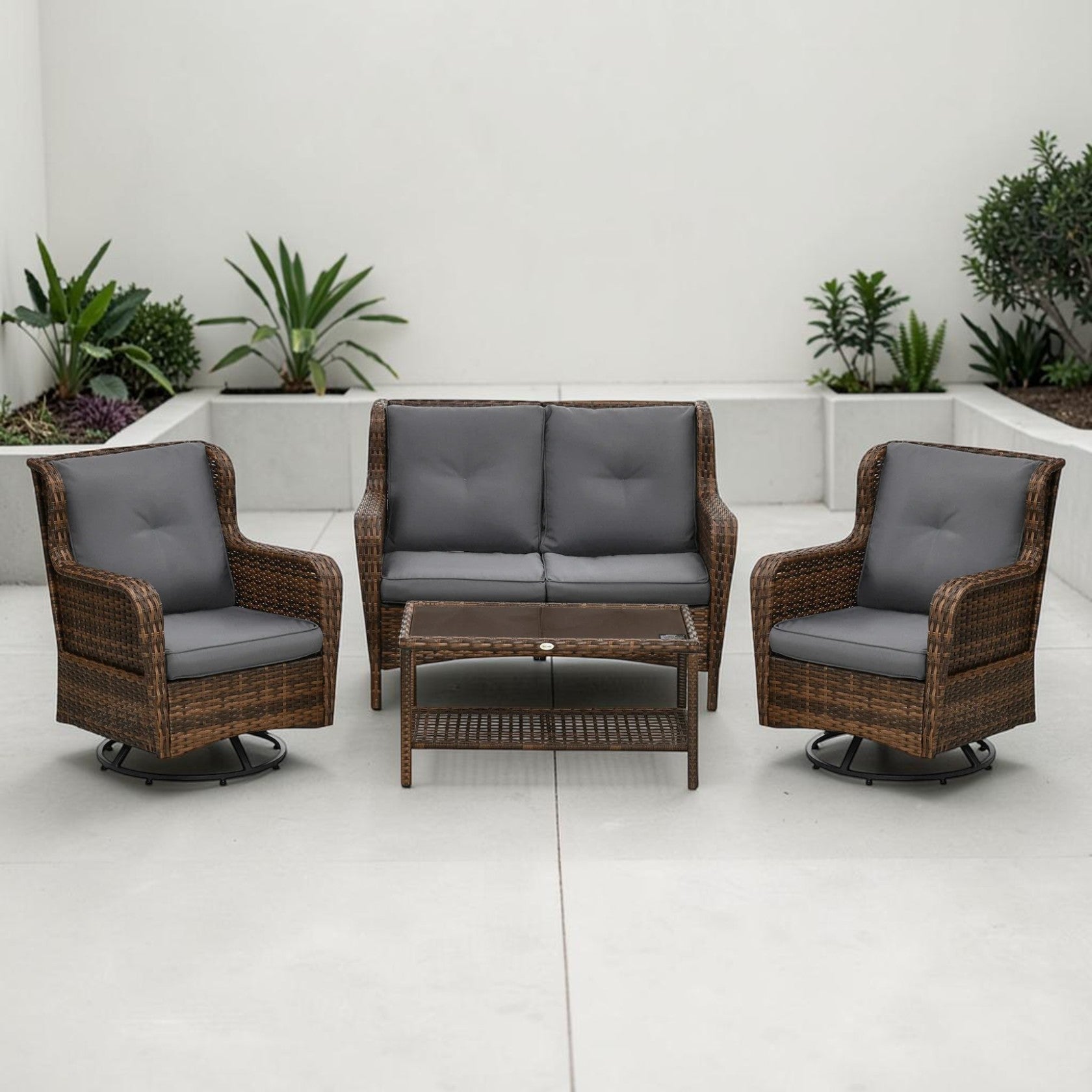4 Piece PE Rattan Patio Furniture Set with Swivel Rockers & Glass Table