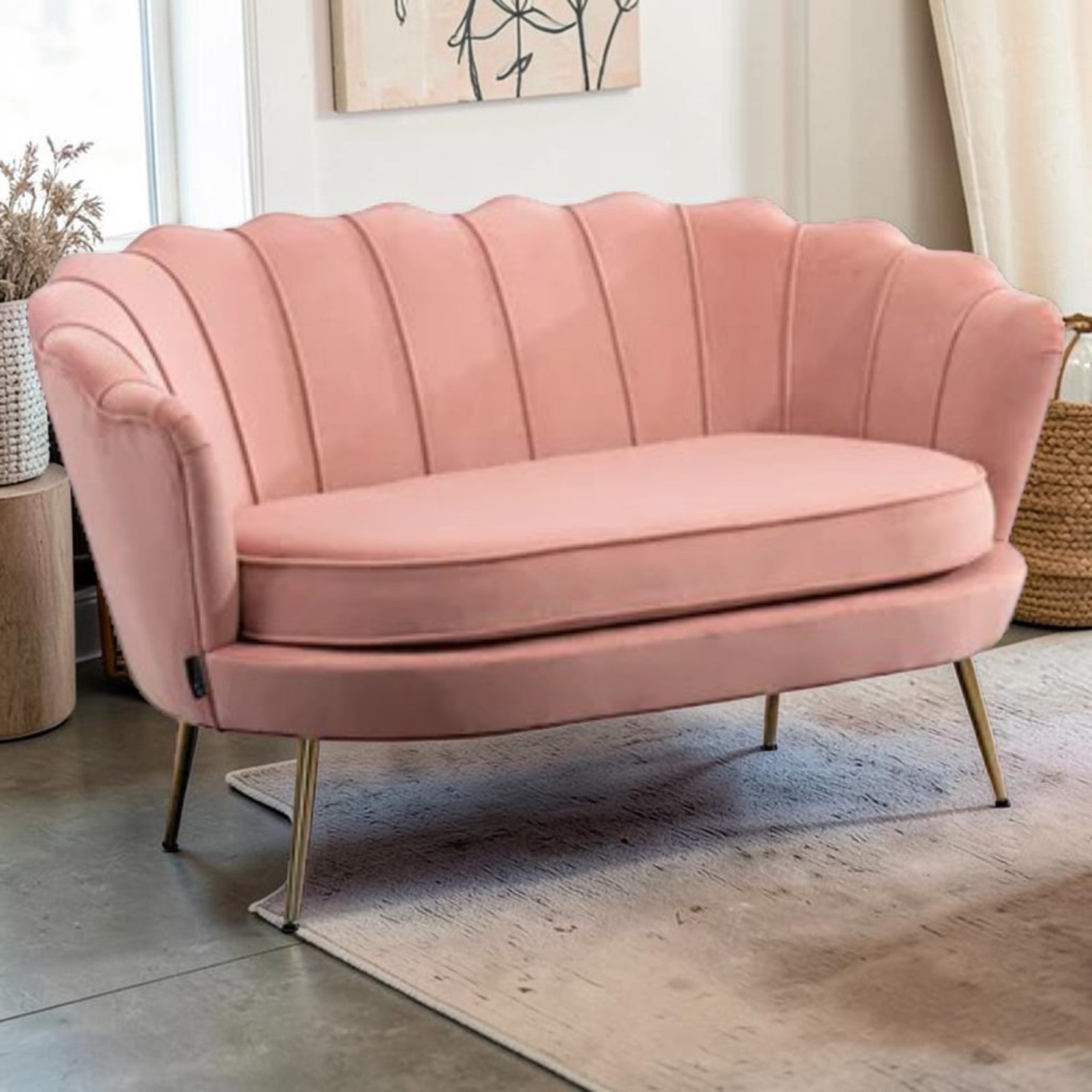 2 Seater Velvet Sofa with Channel Tufting and Gold Legs
