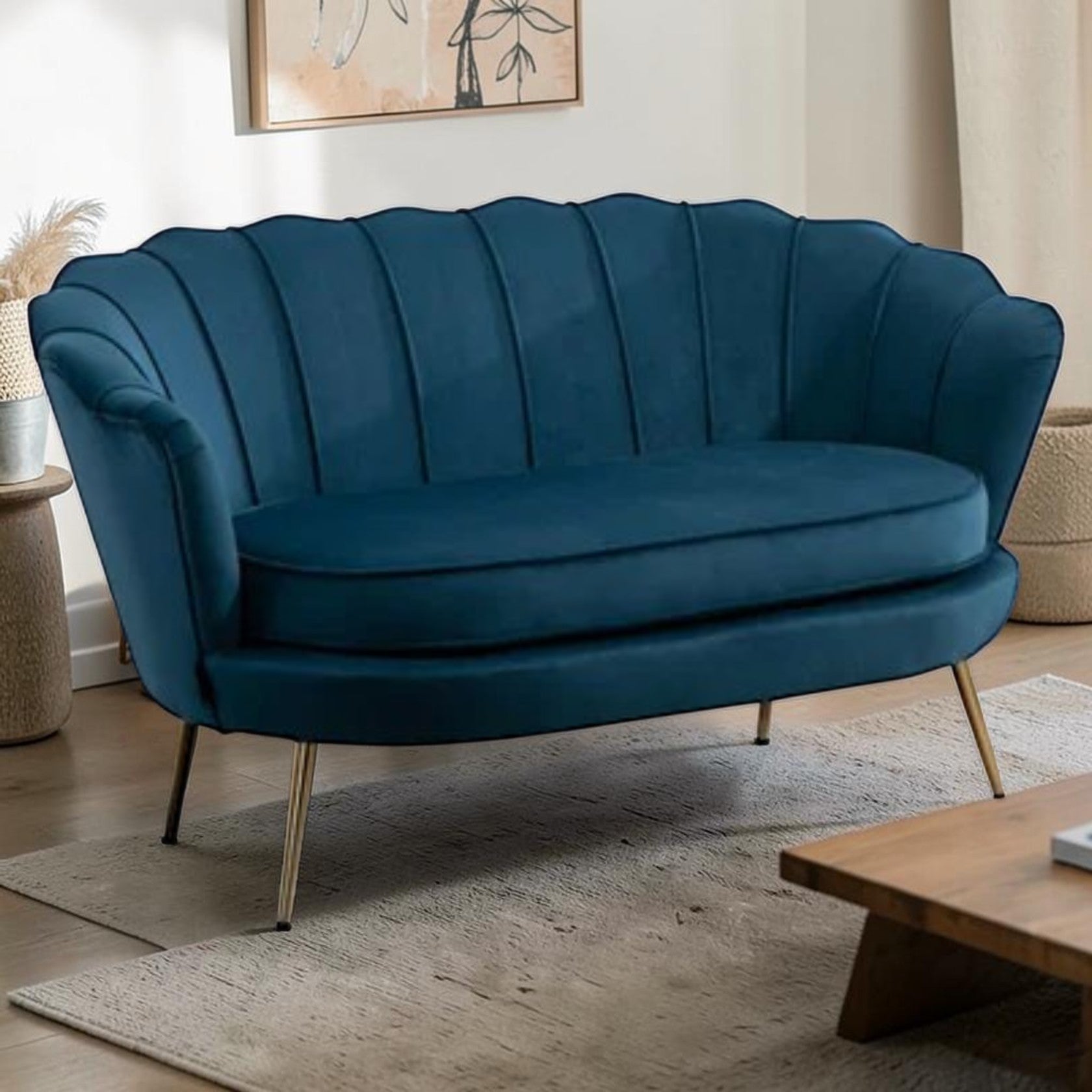 2 Seater Velvet Sofa with Channel Tufting and Gold Legs