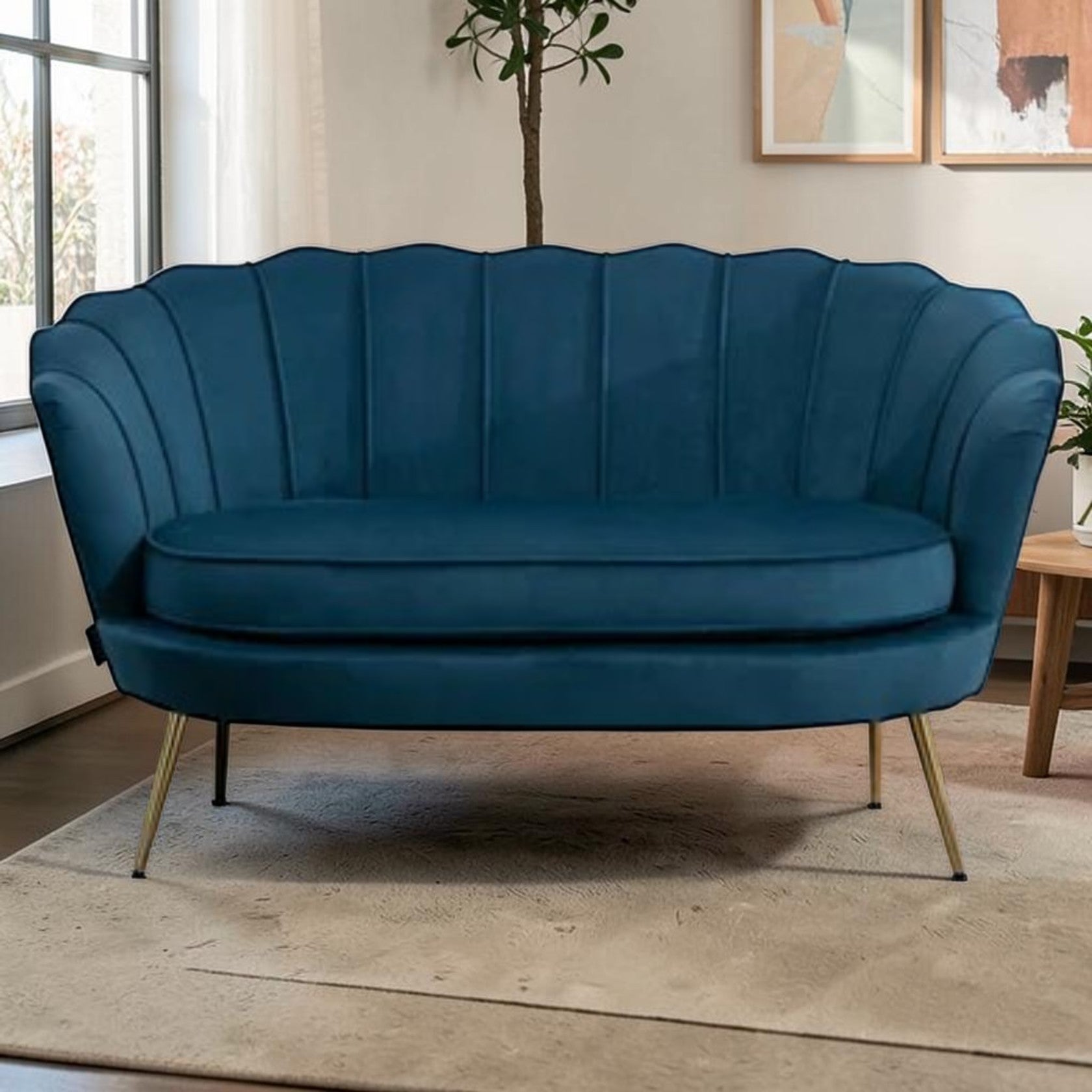 2 Seater Velvet Sofa with Channel Tufting and Gold Legs
