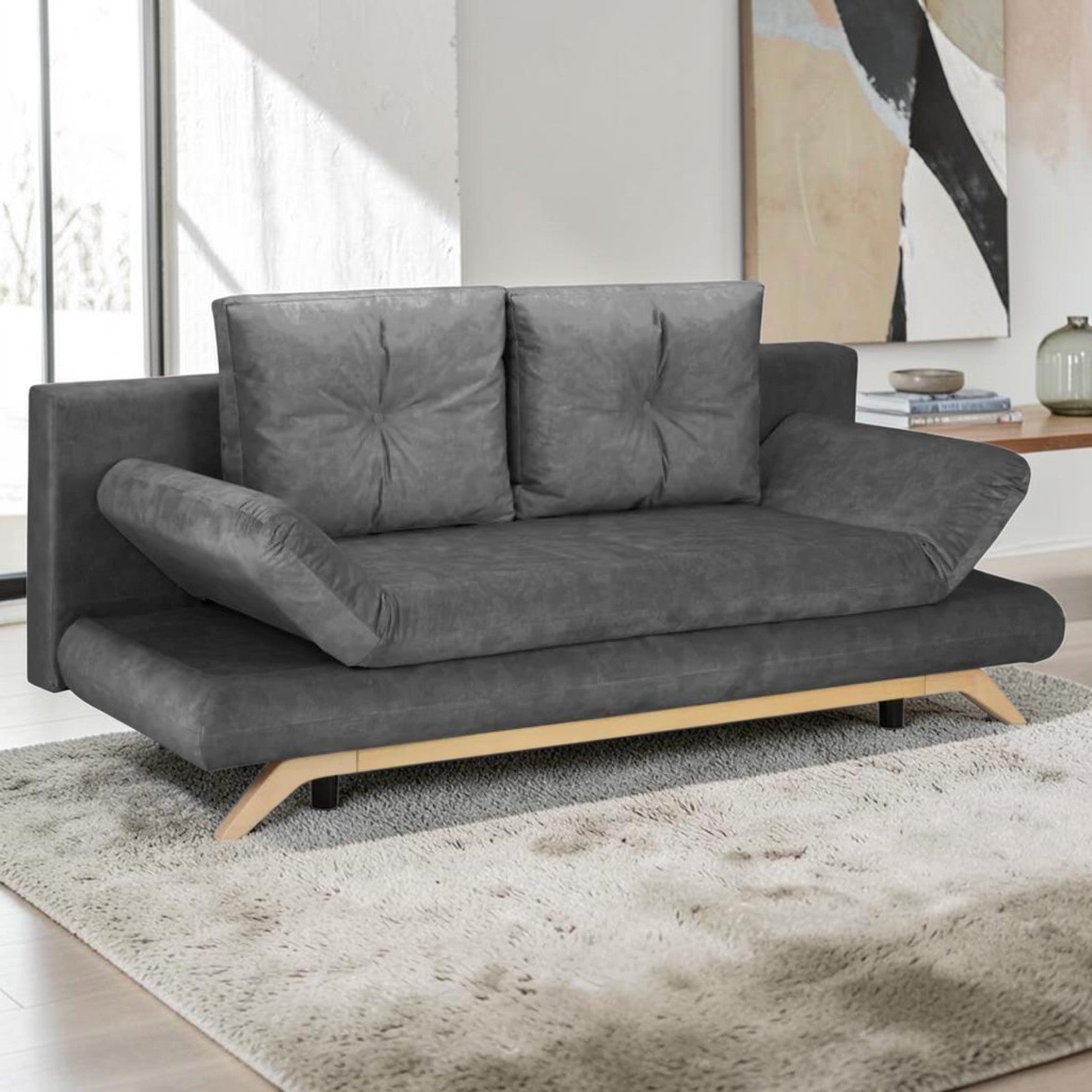Charcoal 3-Seater Sofa Bed with Adjustable Arms and Tufted Cushions
