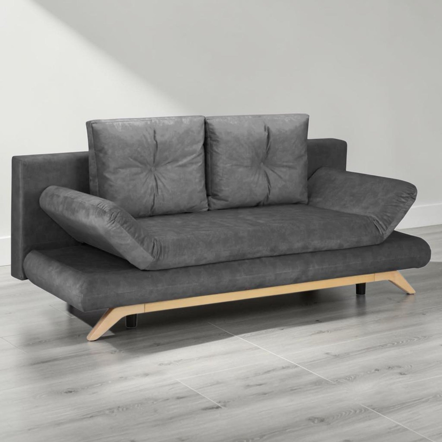 Charcoal 3-Seater Sofa Bed with Adjustable Arms and Tufted Cushions