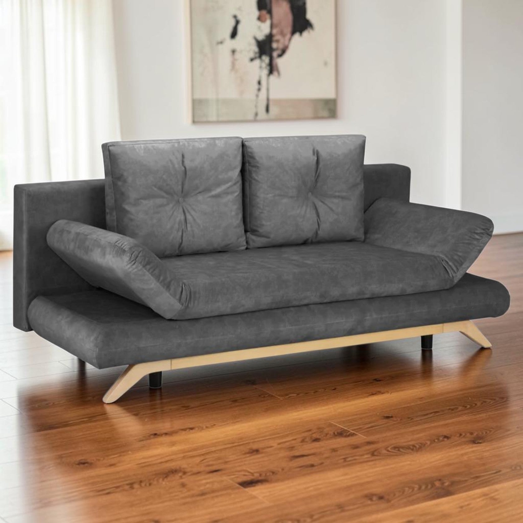 Charcoal 3-Seater Sofa Bed with Adjustable Arms and Tufted Cushions