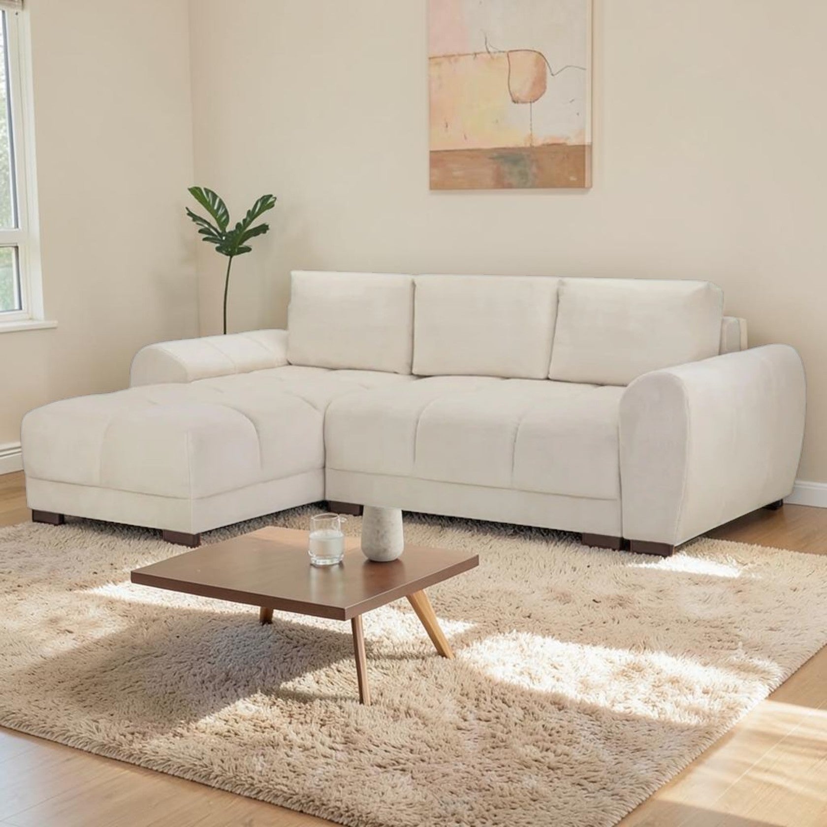 Cream Corner Sofa Bed with Chaise and Storage