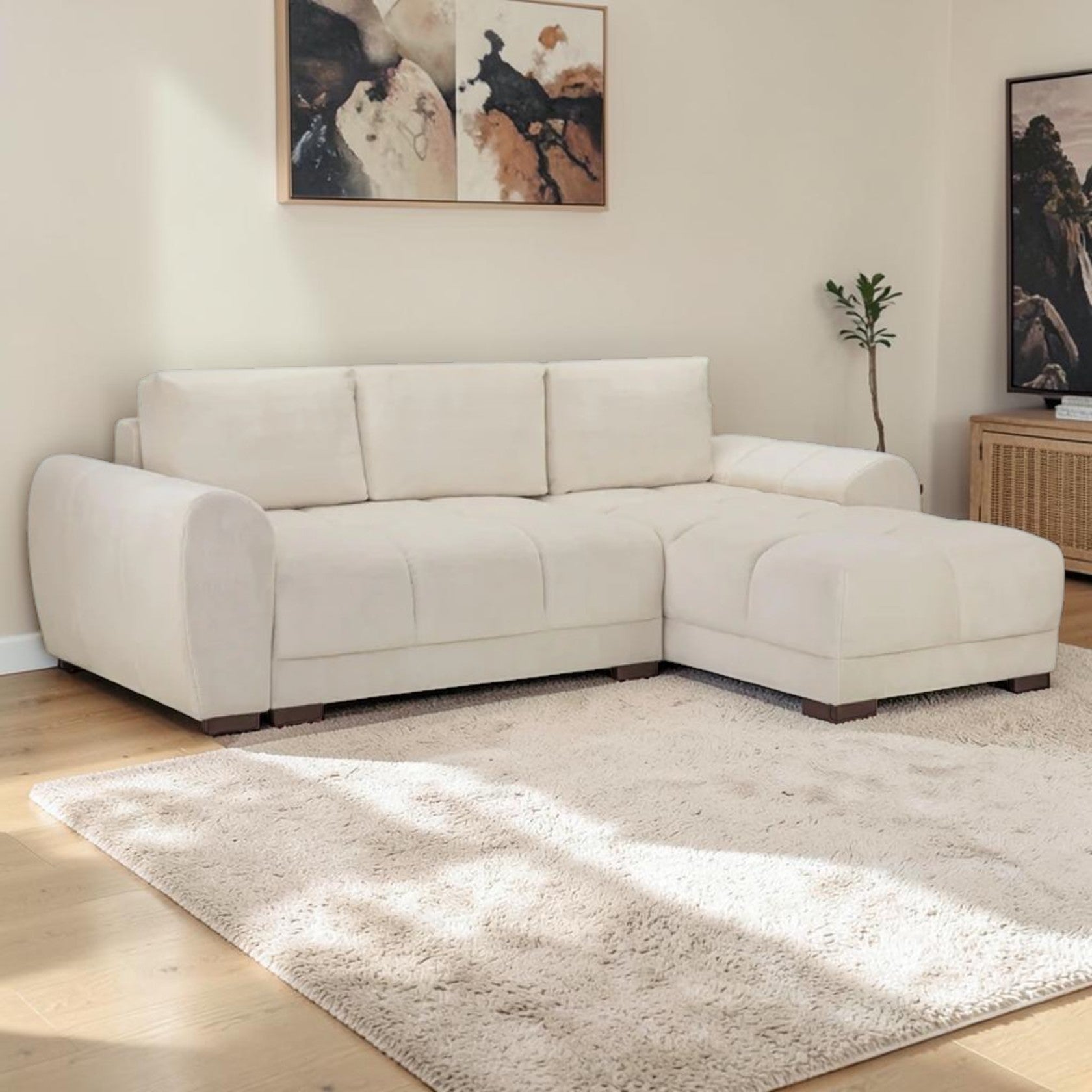 Cream Corner Sofa Bed with Chaise and Storage