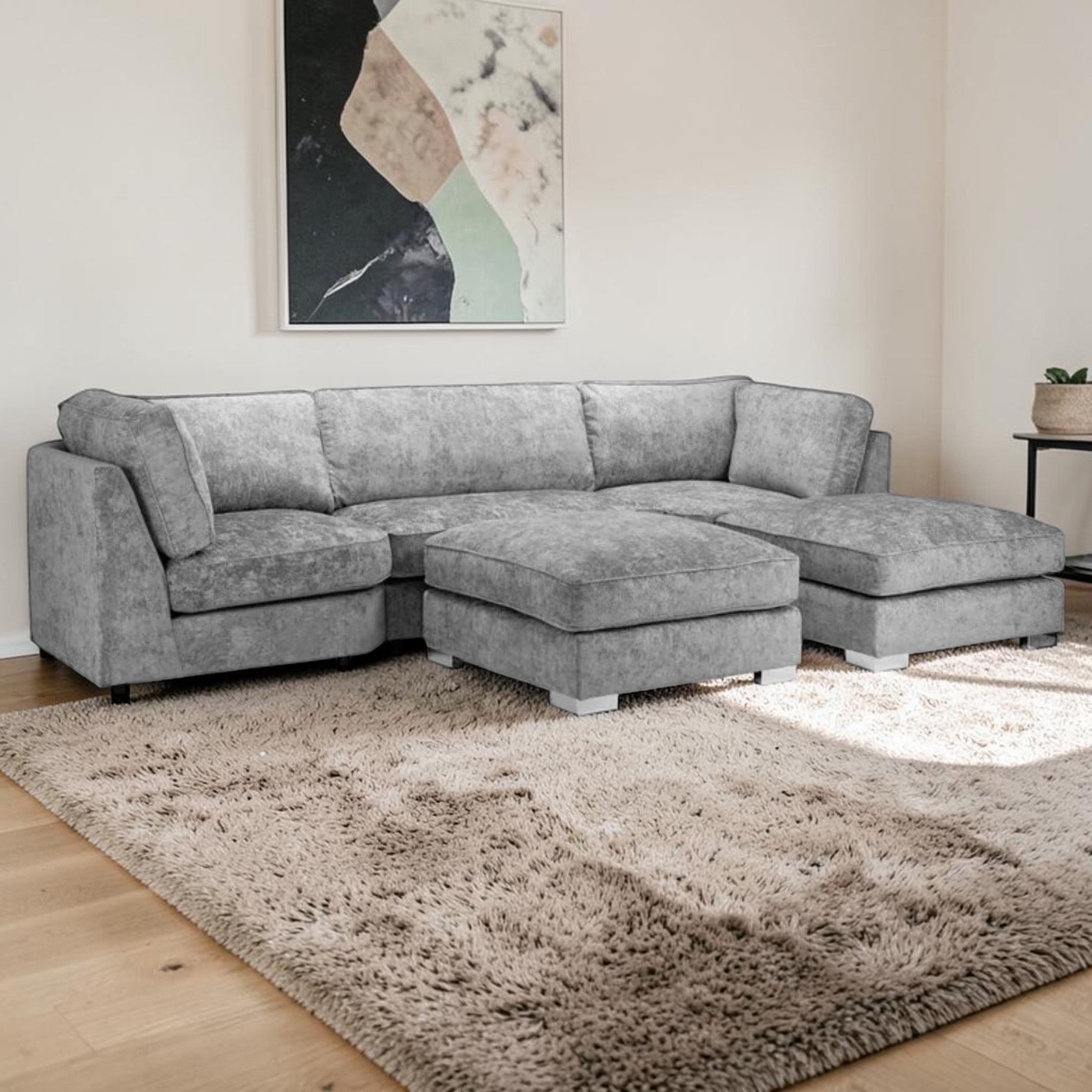 U Shaped Sectional Sofa with Full Back Cushions in Platinum Gray