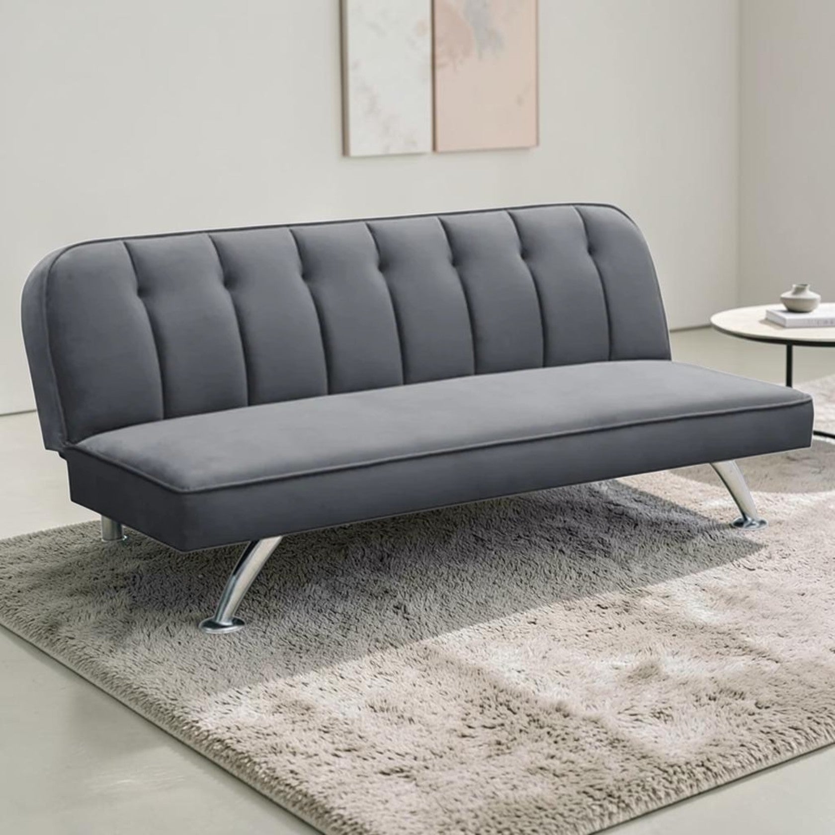 Gray Velvet Sofa Bed with Channel Tufted Back and Chrome Legs