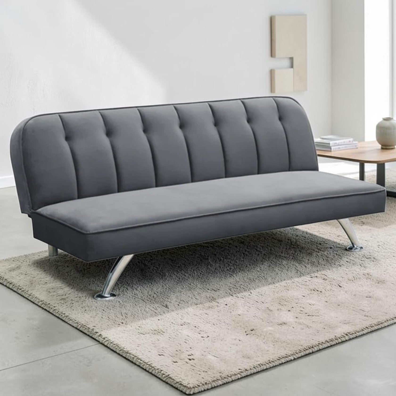 Gray Velvet Sofa Bed with Channel Tufted Back and Chrome Legs