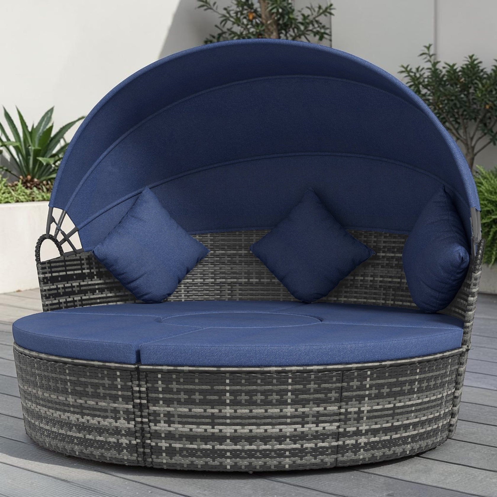 4 Piece Round Convertible Rattan Daybed with Adjustable Canopy, Sectional Seating & Table