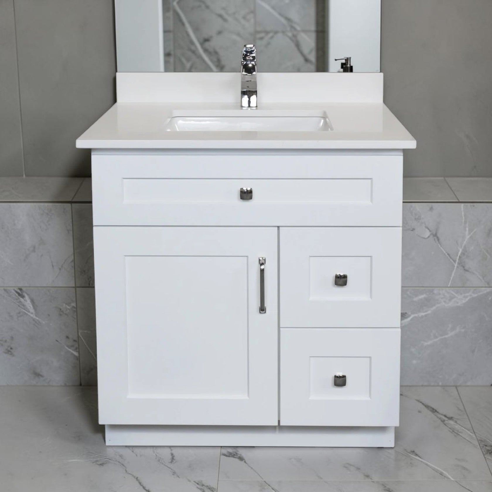30 Inch White Bathroom Vanity with Quartz Countertop and Storage Drawers