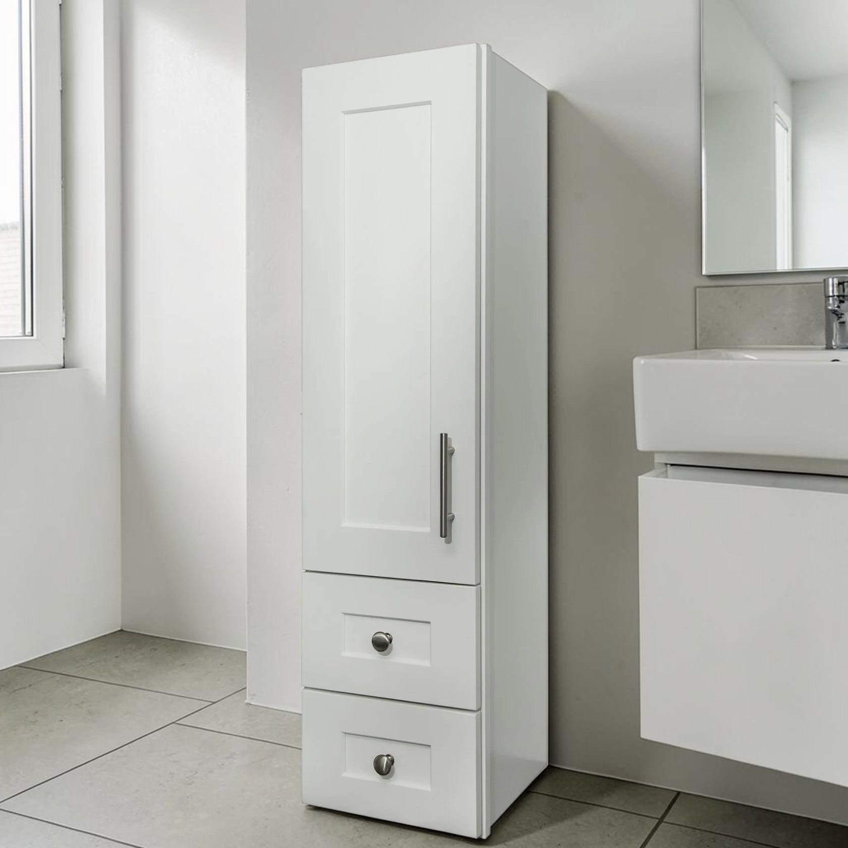 12 Inch White Linen Storage Cabinet with Door and Drawers