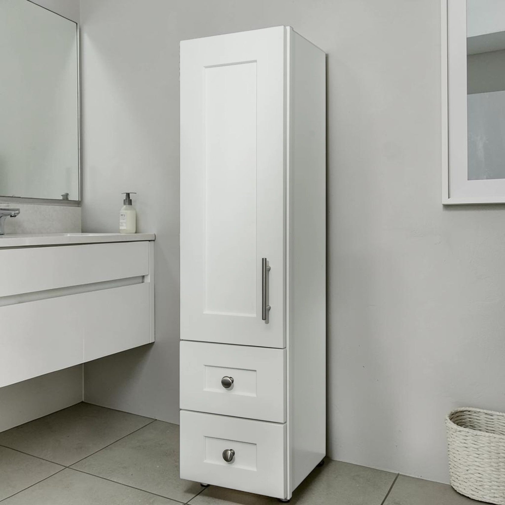 12 Inch White Linen Storage Cabinet with Door and Drawers