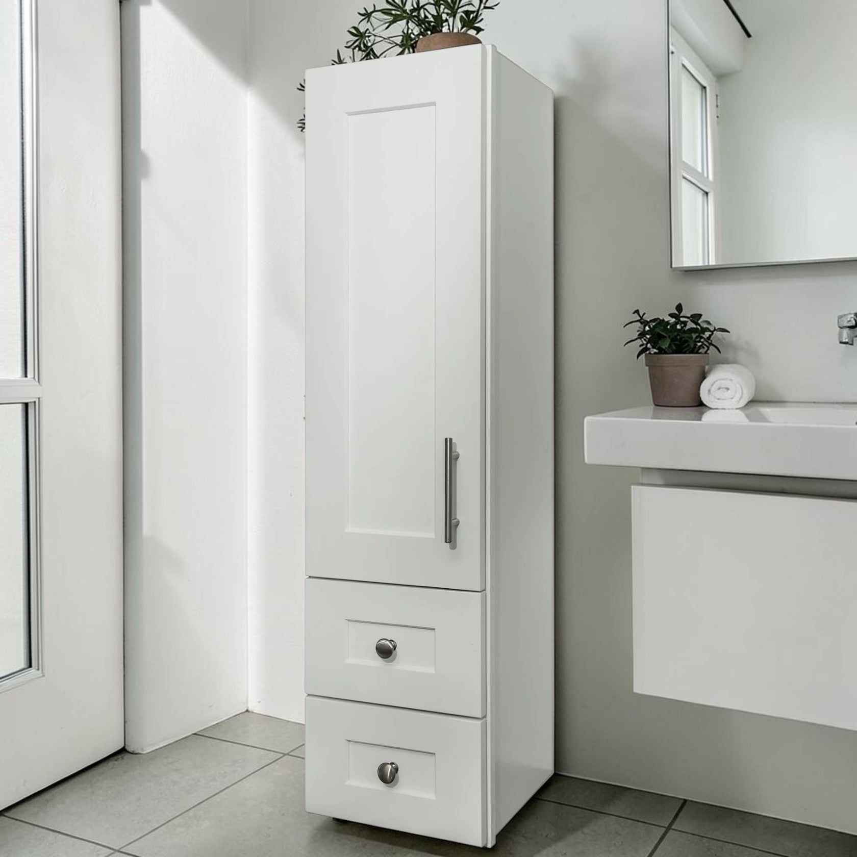 12 Inch White Linen Storage Cabinet with Door and Drawers