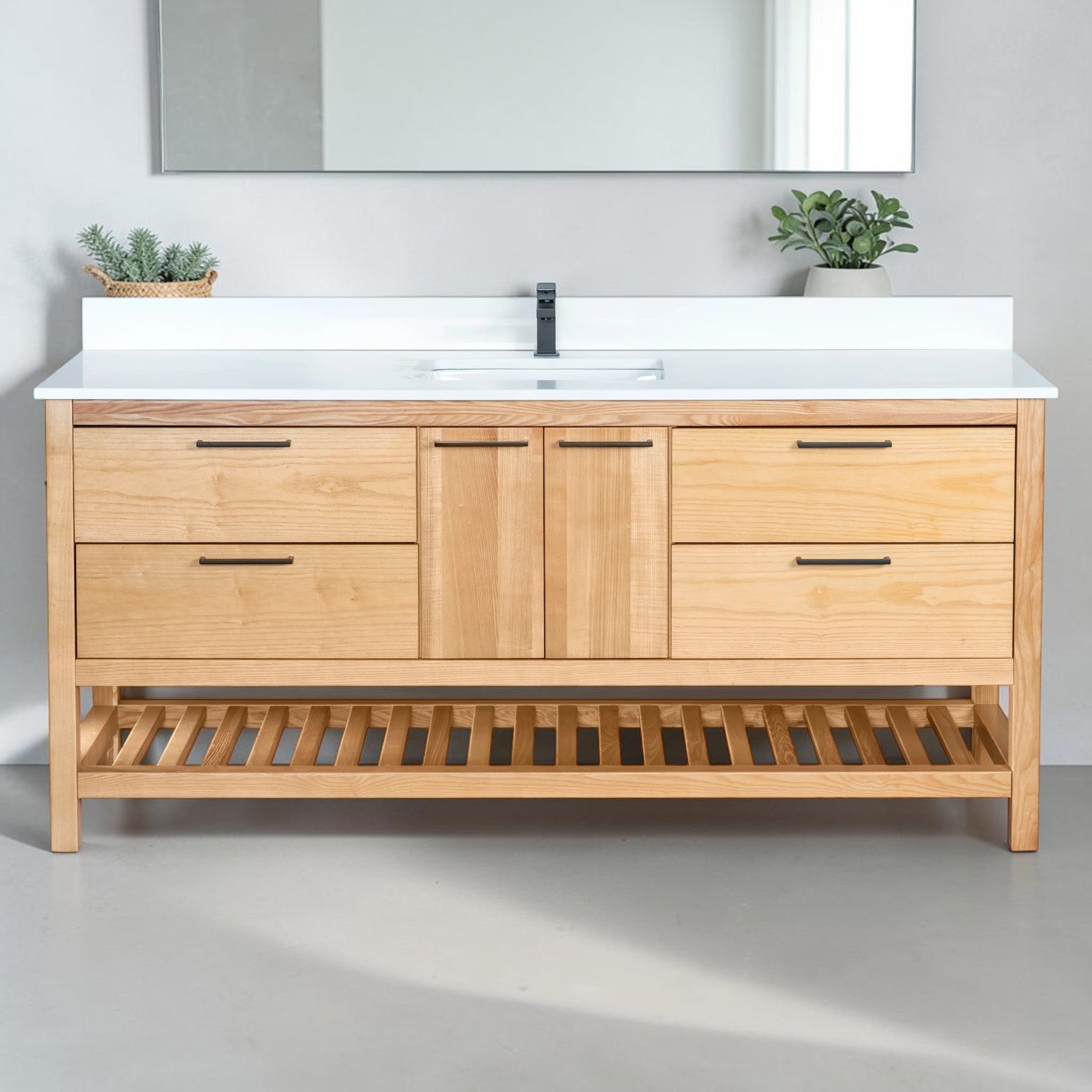 71 Inch Light Natural Wood Bathroom Vanity with Quartz Countertop and Open Shelf