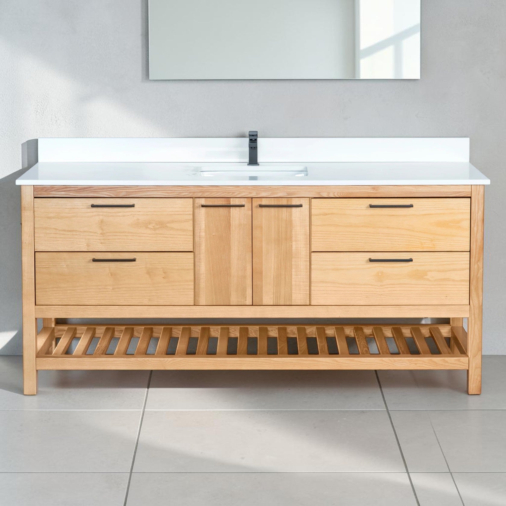 71 Inch Light Natural Wood Bathroom Vanity with Quartz Countertop and Open Shelf