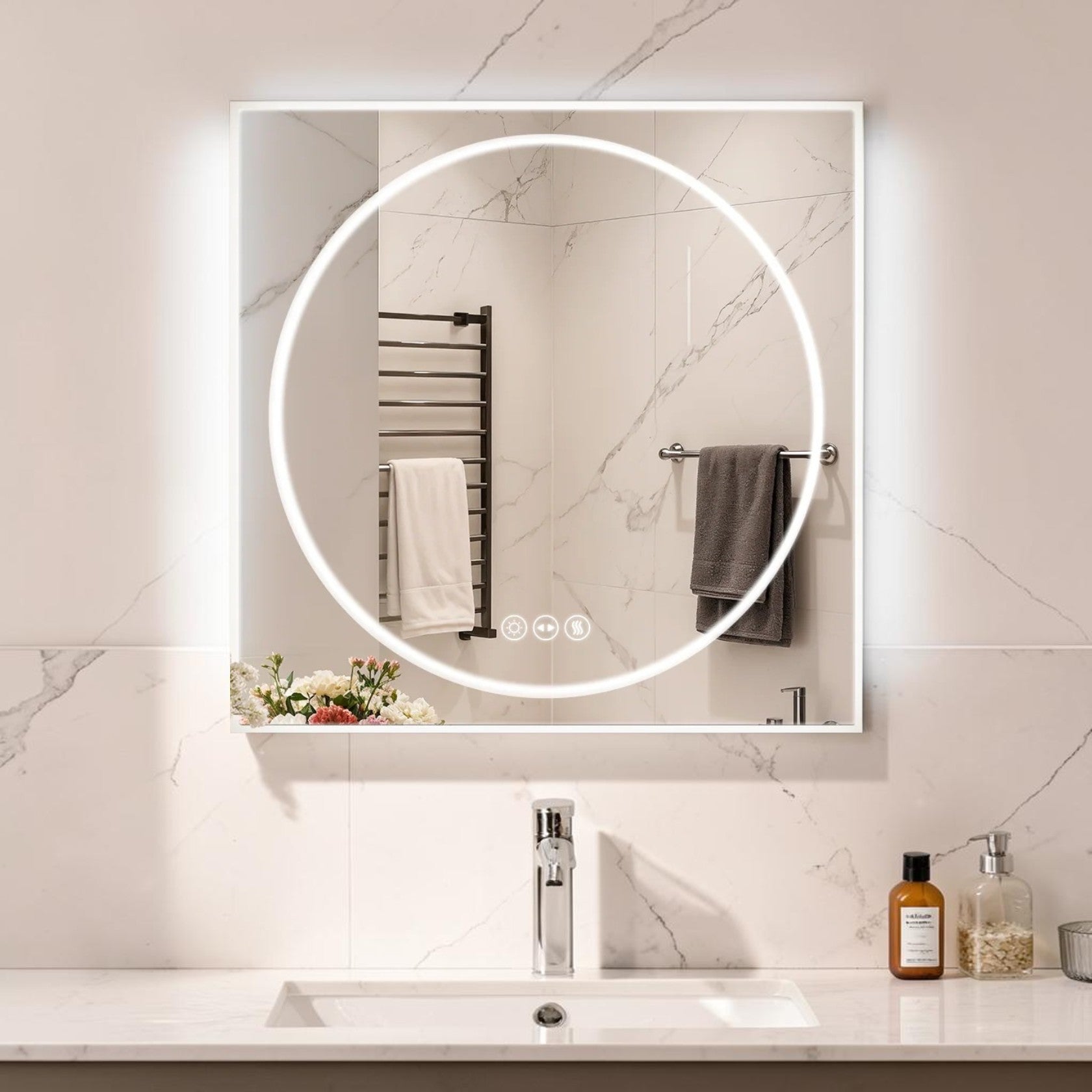 LED Bathroom Mirror with Backlit Panel and Front Ring Light, Anti-Fog and Dimmable Lighting