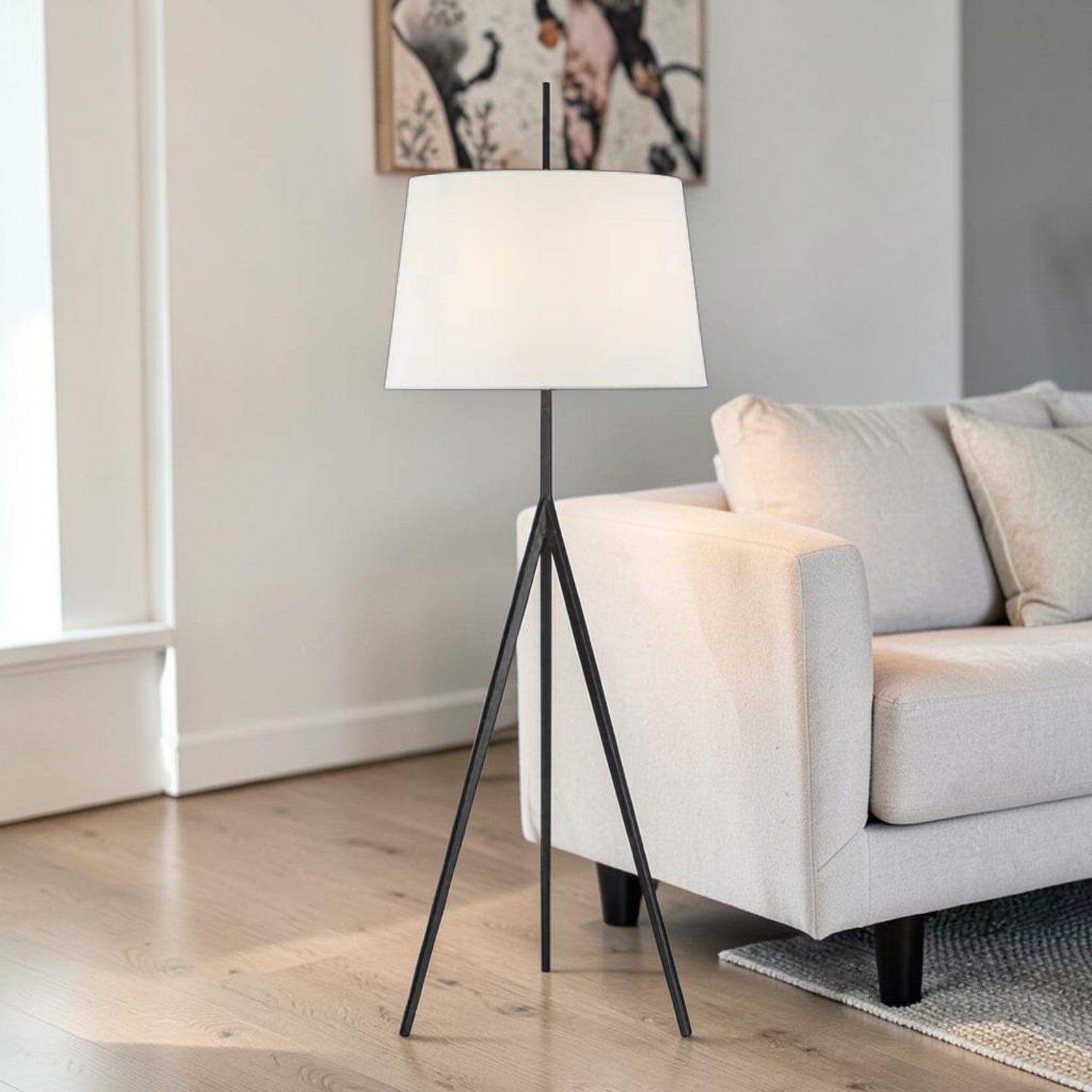 Tripod Floor Lamp with Hand-Forged Base and Fabric Shade