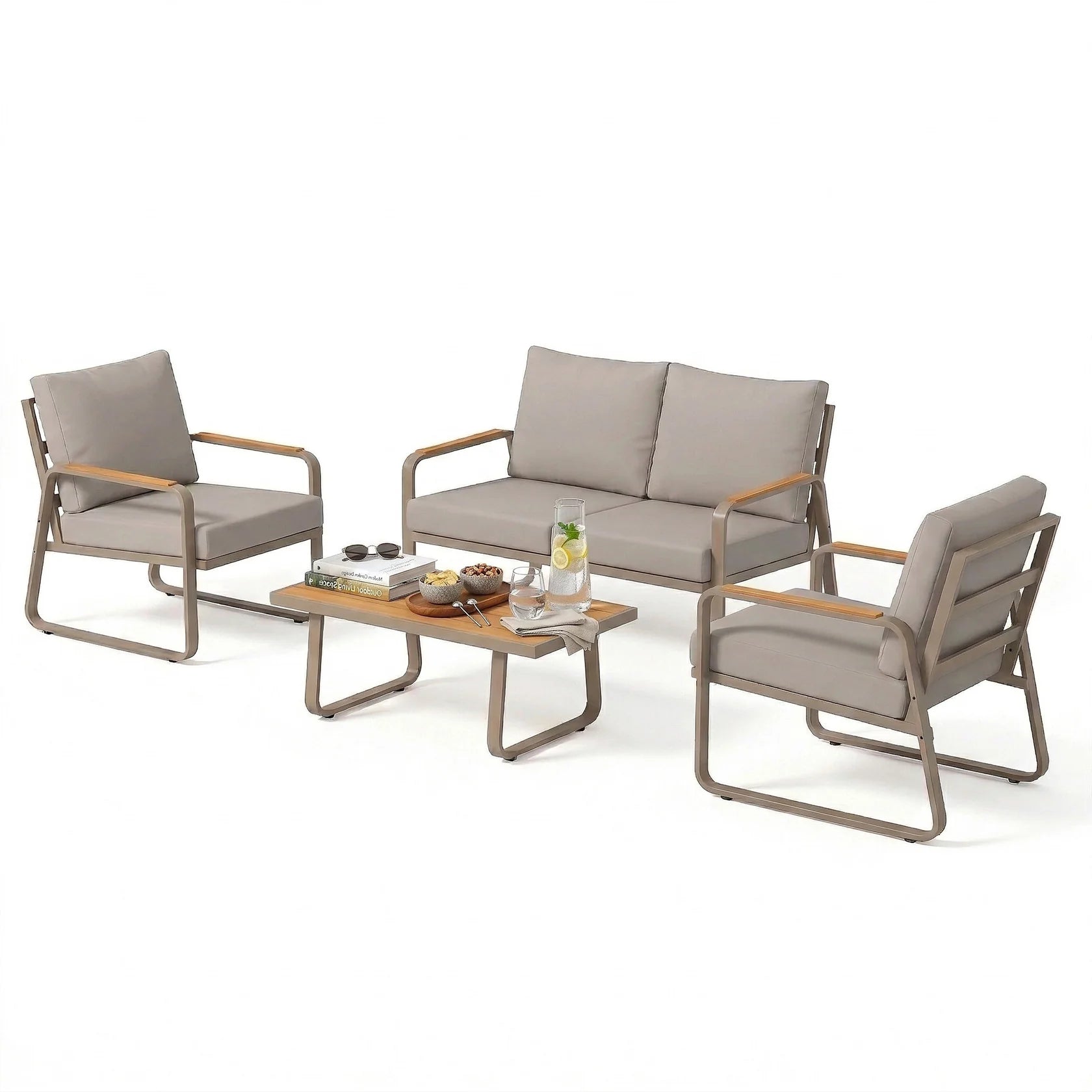 4 Piece Patio Conversation Set with Metal Frame, Cushions, Loveseat & Chairs