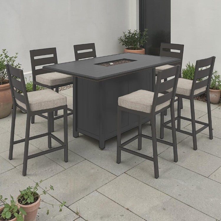 7 Piece Outdoor Dining Set with Bar Table and Cushioned Stools