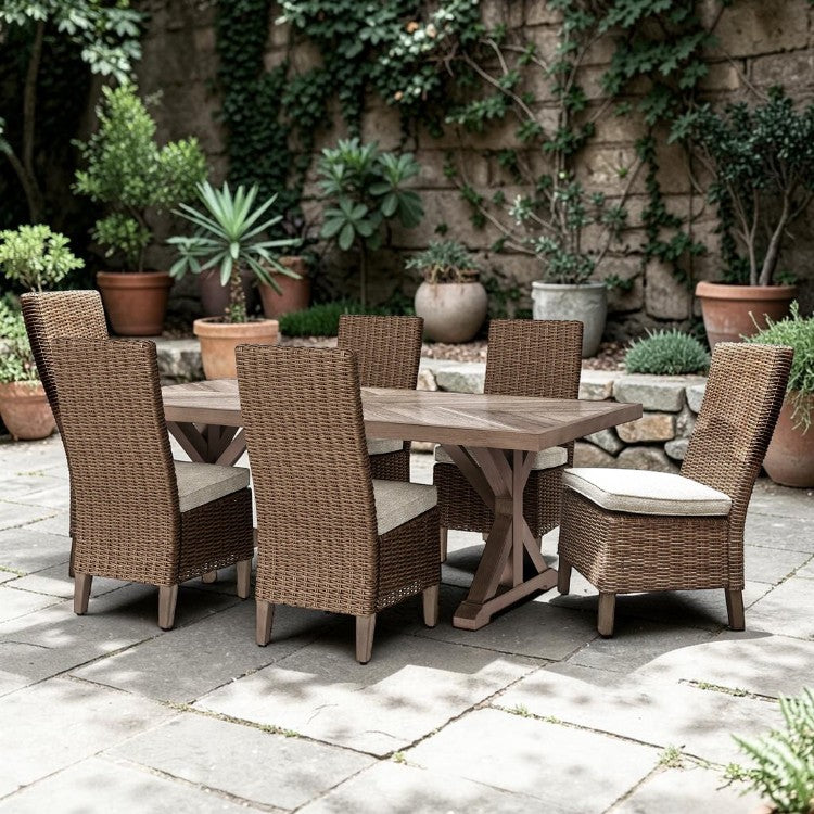 7 Piece Outdoor Dining Set with Woven Chairs and Rectangular Table