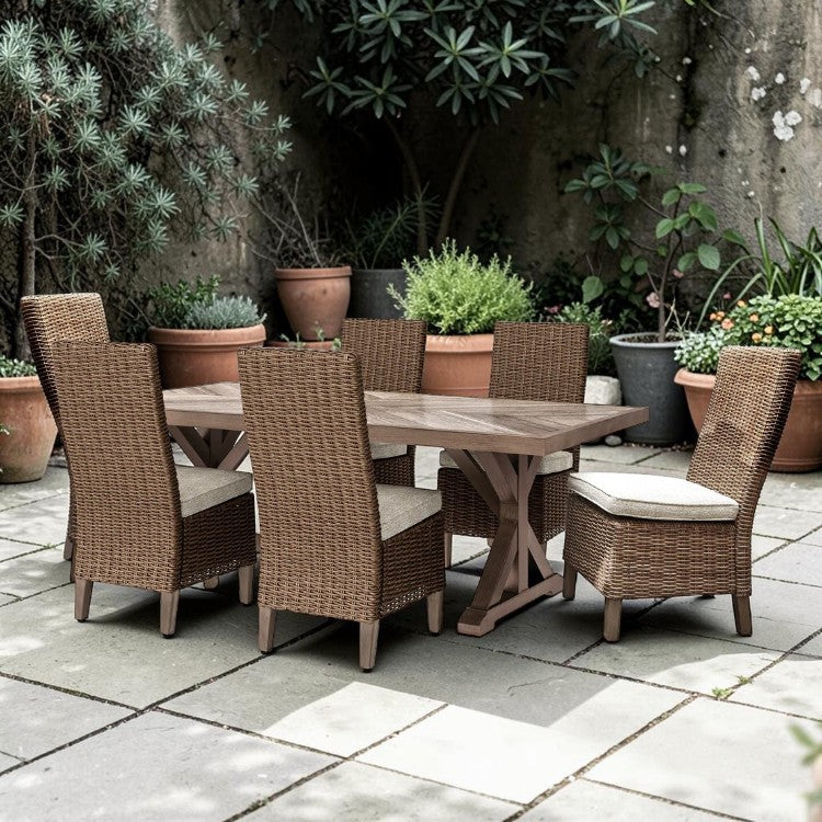 7 Piece Outdoor Dining Set with Woven Chairs and Rectangular Table