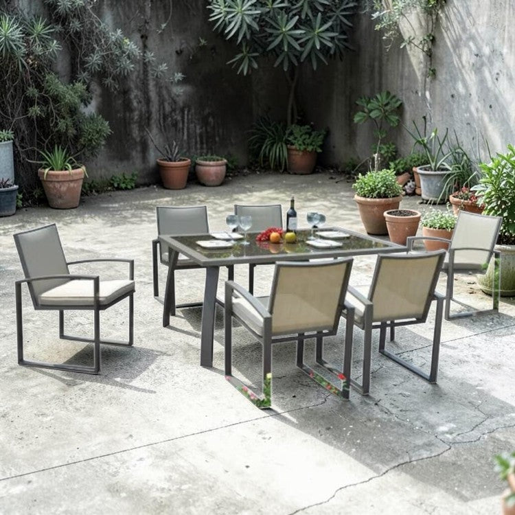 7 Piece Outdoor Dining Set with Aluminum Frame and Cushioned Armchairs