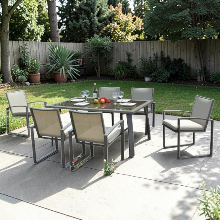 7 Piece Outdoor Dining Set with Aluminum Frame and Cushioned Armchairs