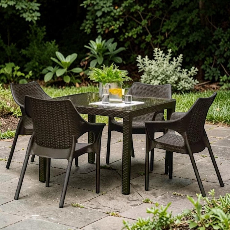5 Piece Outdoor Dining Set with Wicker Style Chairs and Square Table