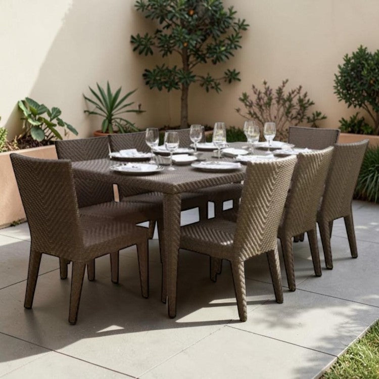 9 Piece Outdoor Dining Set with Woven Chairs and Rectangular Table