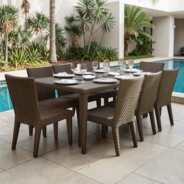9 Piece Outdoor Dining Set with Woven Chairs and Rectangular Table